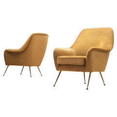 Pair of Elegant Italian Lounge Chairs in Brass and Beige Camel Upholstery 