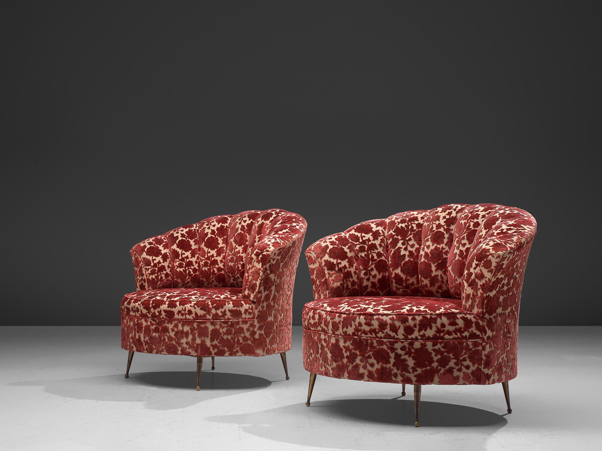 Mid-Century Modern Pair of Elegant Italian Lounge Chairs in Red Floral Upholstery