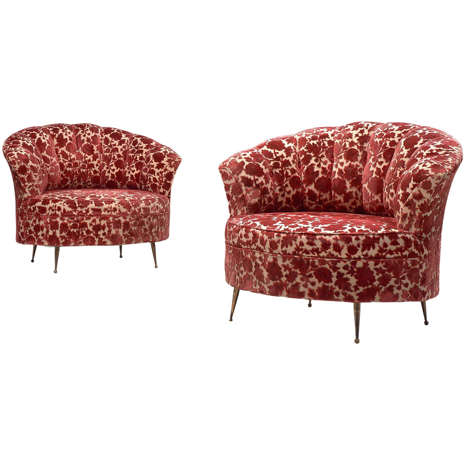 Pair of Elegant Italian Lounge Chairs in Red Floral Upholstery