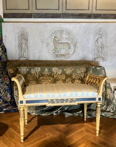 Pair of Elegant Louis XVI Style Parcel Gilt Benches Cream and Blue Lacquer