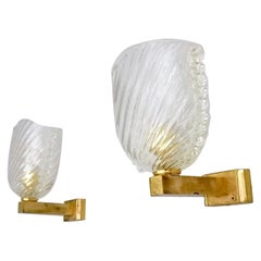 Pair of Elegant Murano Glass and Brass Wall Lights by Seguso, Italy, 1940s