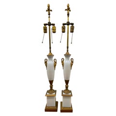 Retro Pair of Elegant Opaline Glass Table Lamps with Gilded Brass Ormolu Mounts