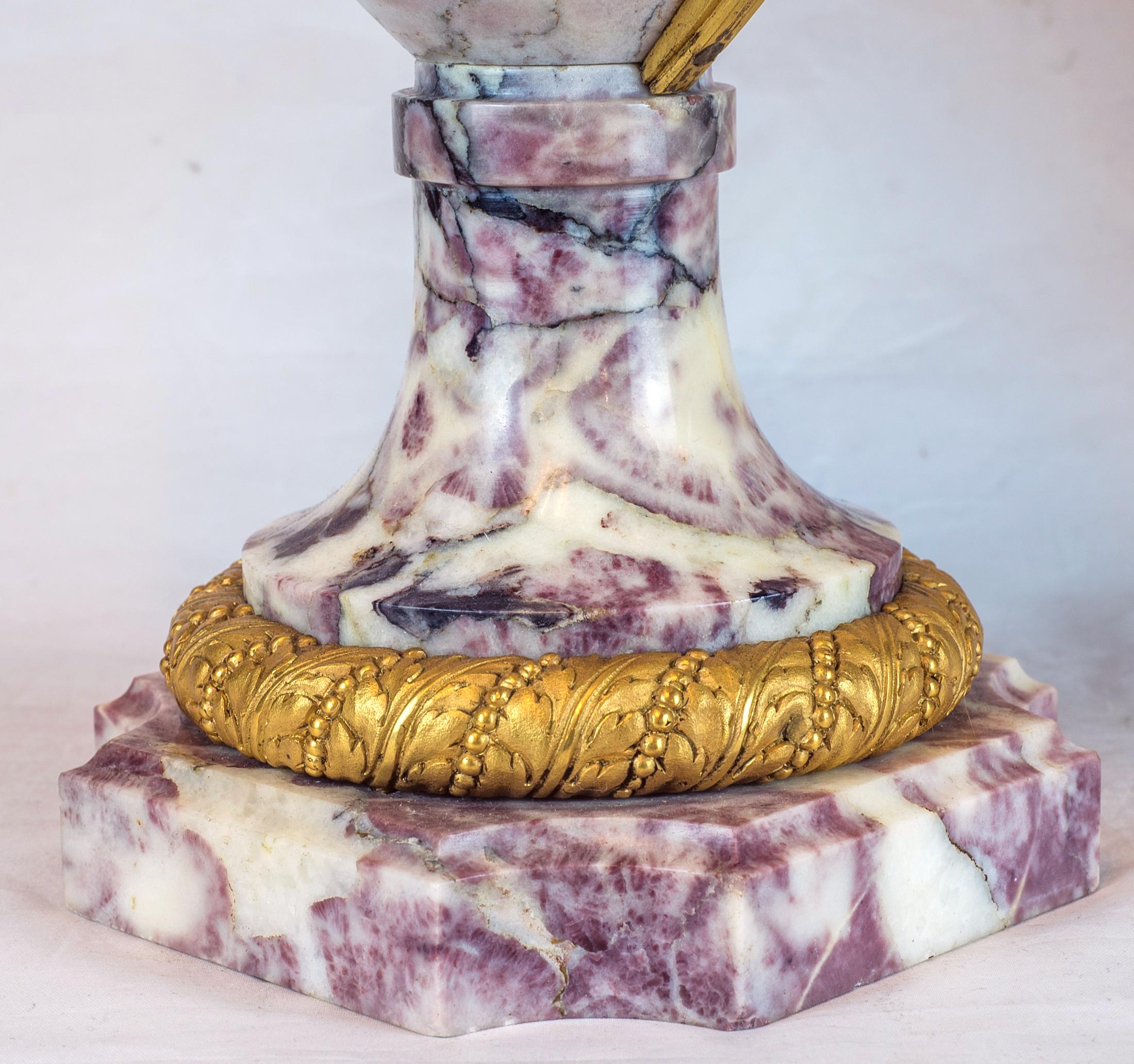 Pair of Elegant Ormolu-Mounted Brèche Violette Marble Covered Urns In Good Condition For Sale In New York, NY