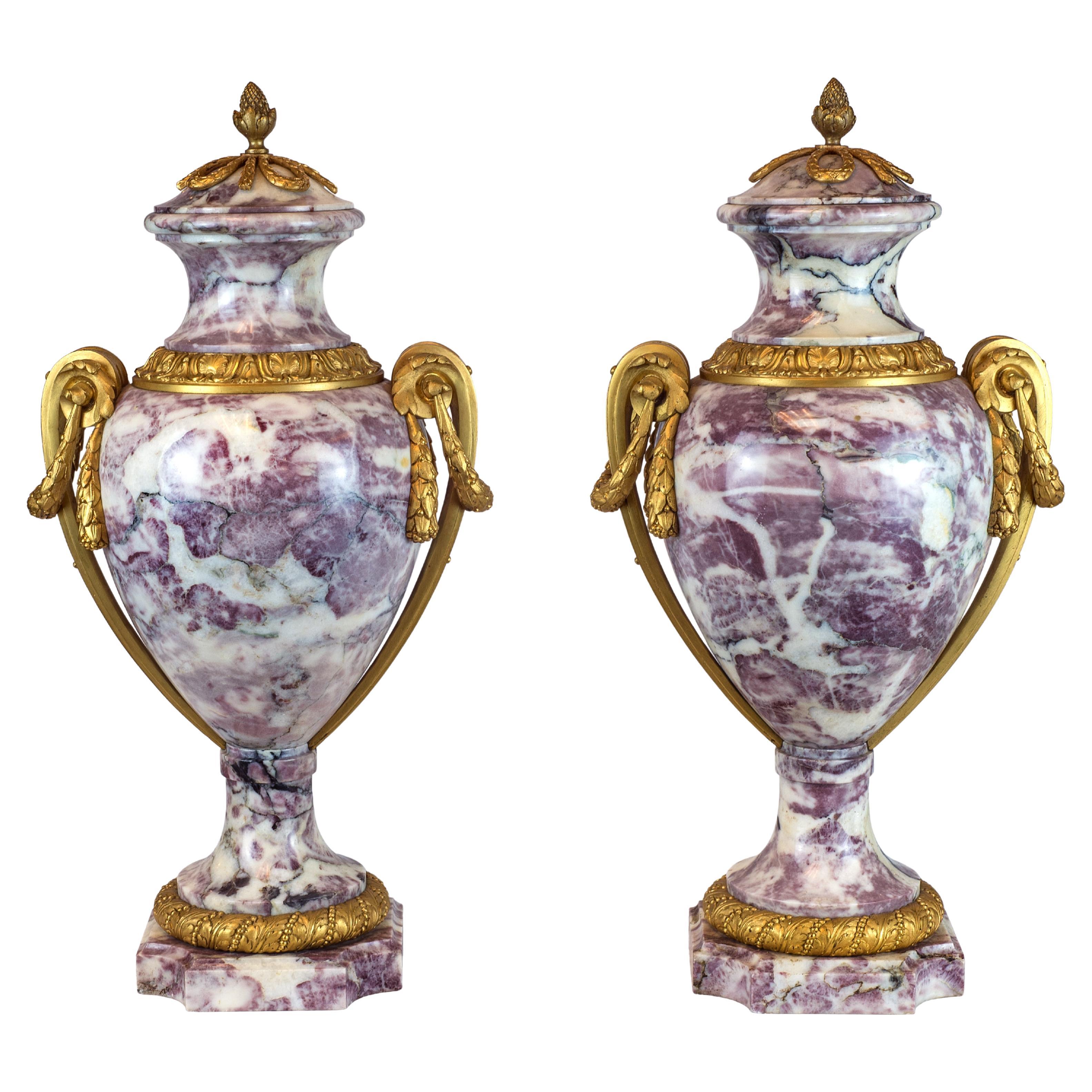 Paire d'élégants urnes couvertes en marbre Brèche Violette montées sur bronze doré