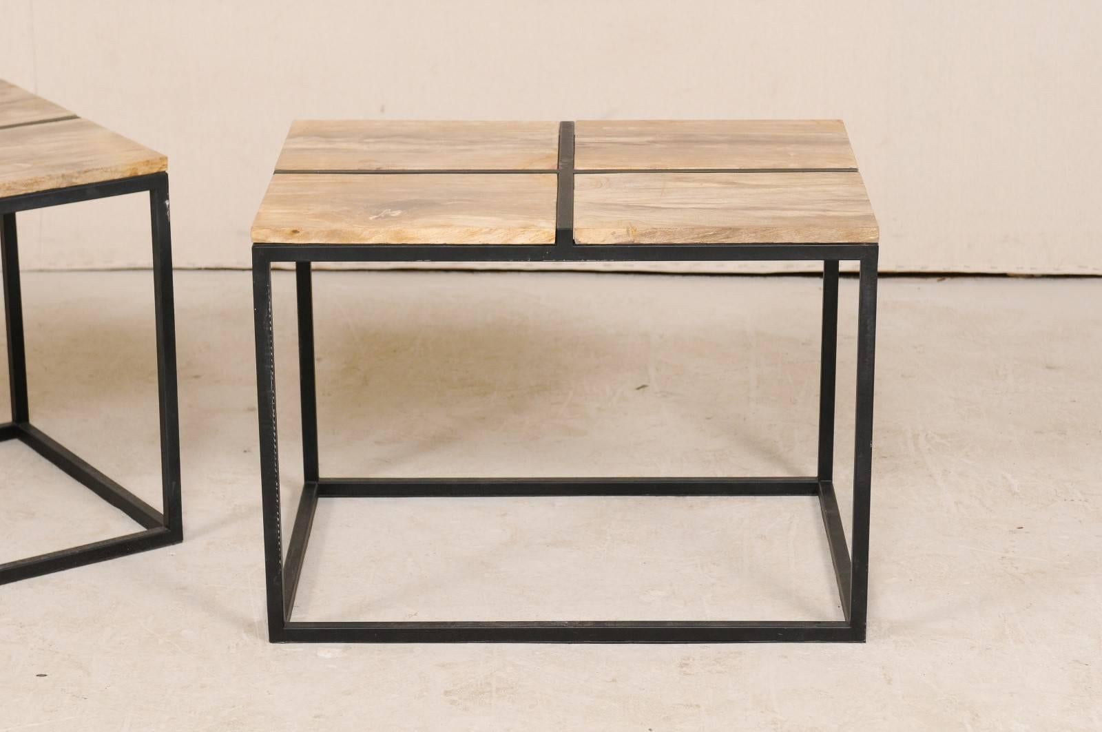 Modern Pair of Elegant Petrified Wood Side Tables or Coffee Tables with Iron Bases