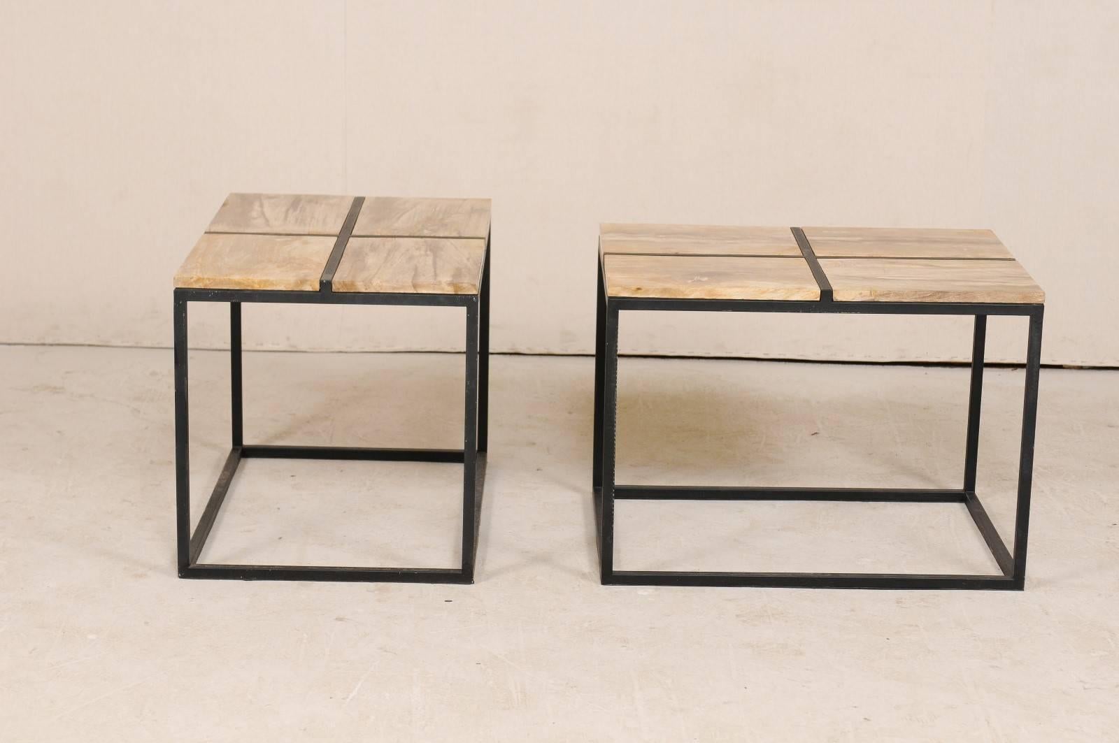 Contemporary Pair of Elegant Petrified Wood Side Tables or Coffee Tables with Iron Bases