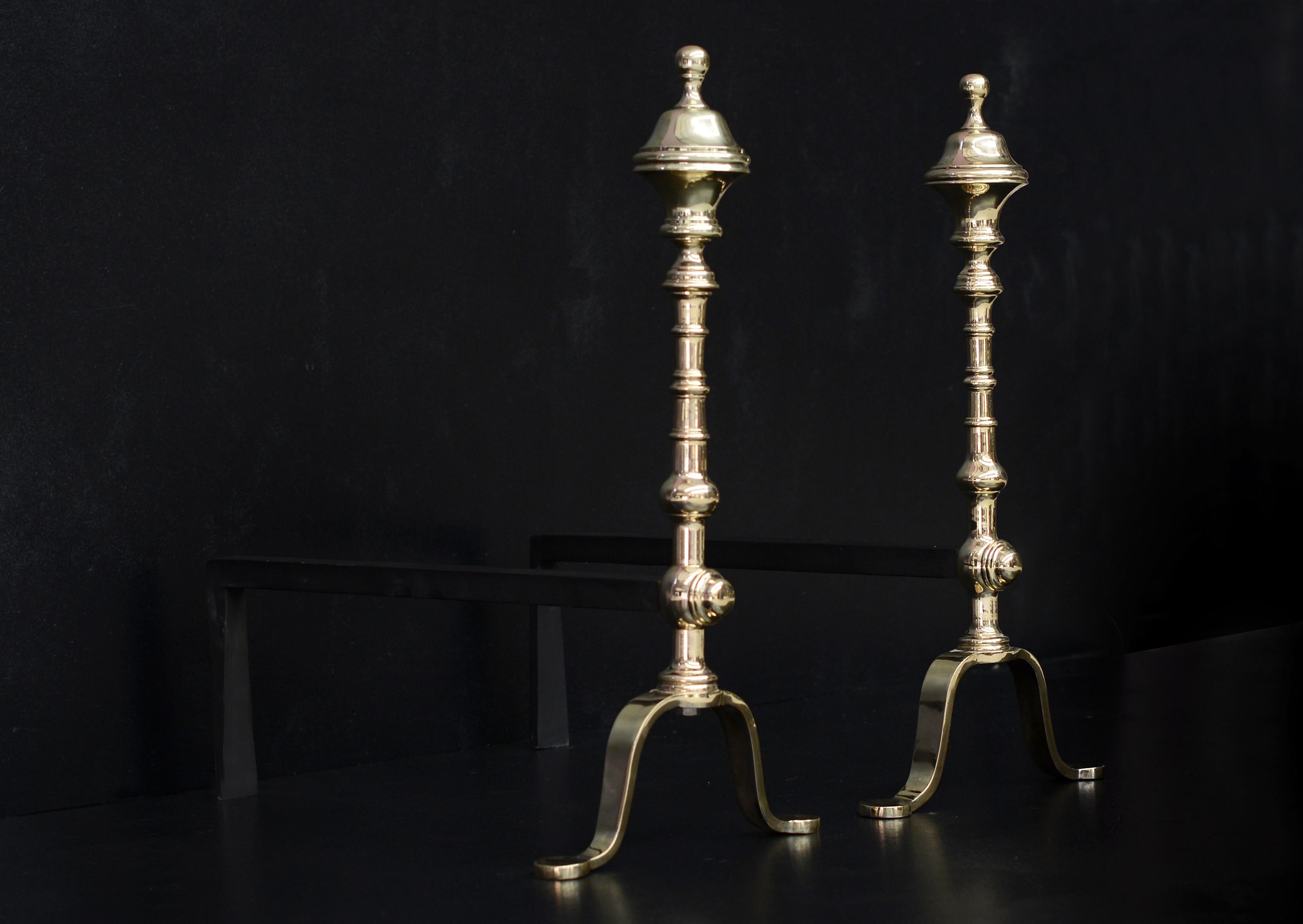 English Pair of Elegant Polished Brass Firedogs For Sale