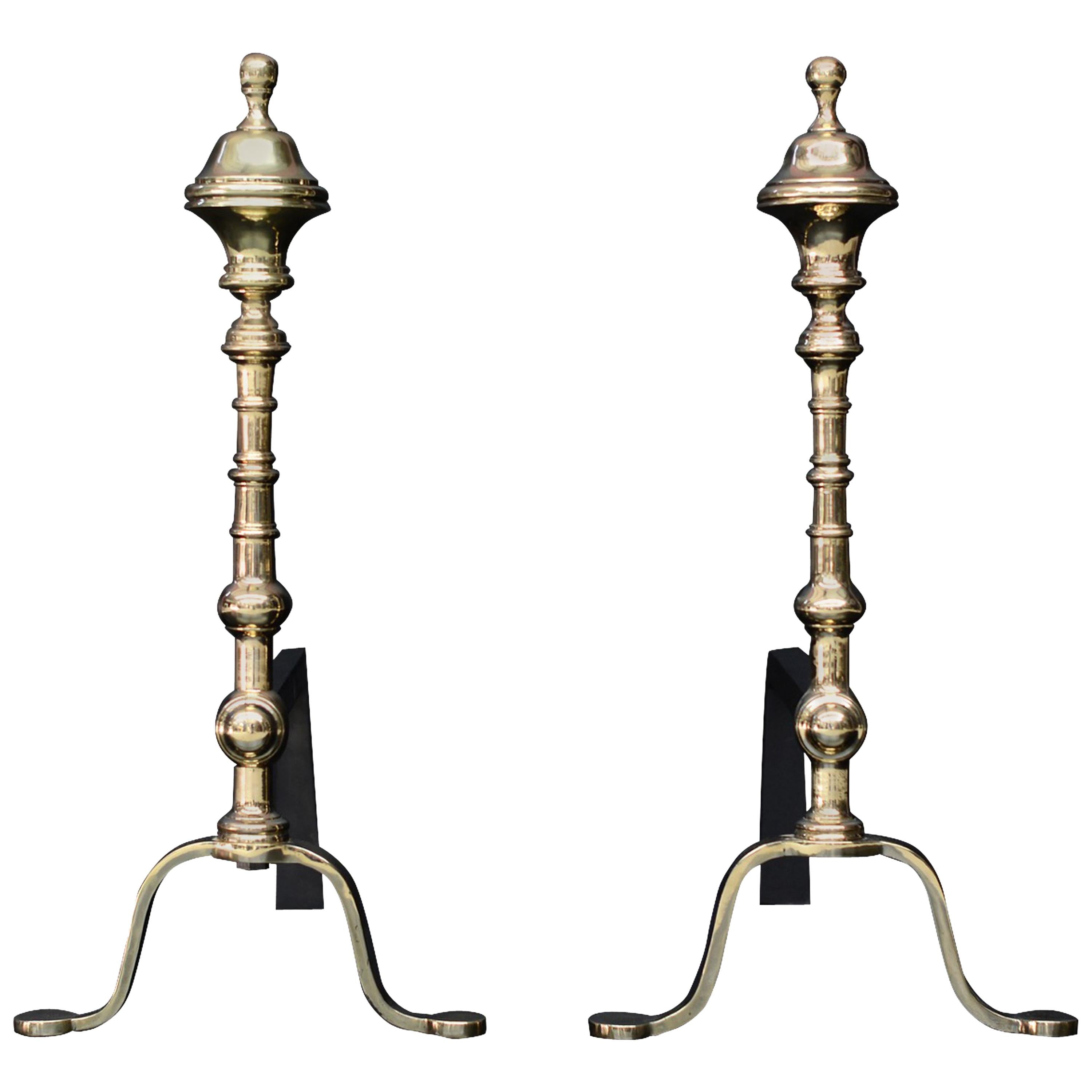 Pair of Elegant Polished Brass Firedogs For Sale