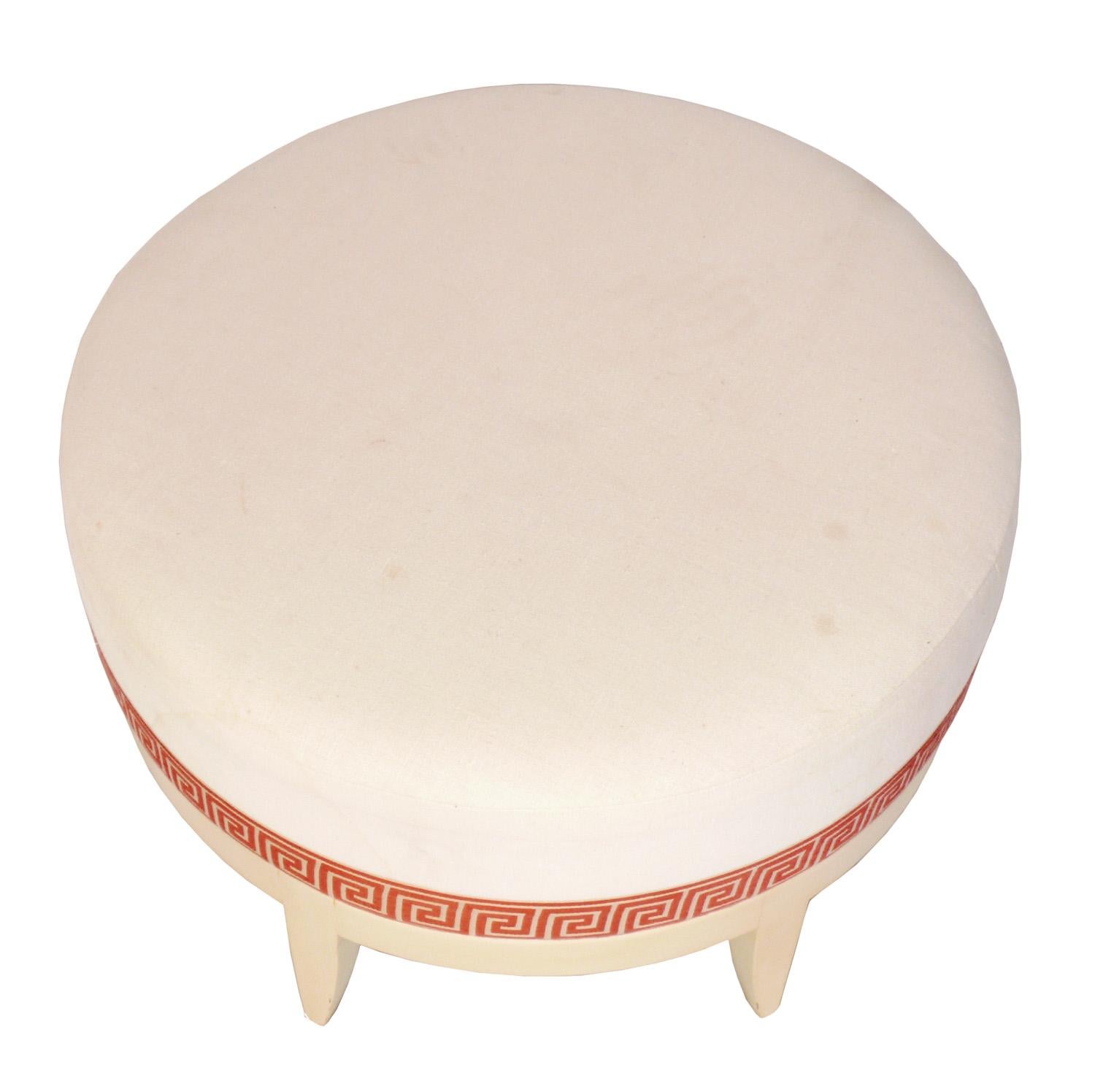 Pair of Elegant White Lacquered Large Scale Stools or Ottomans, American, circa 1990s. These stools have various stools and will need to be reupholstered. The price noted INCLUDES upholstery in your fabric. Simply send us 5 yards total of your