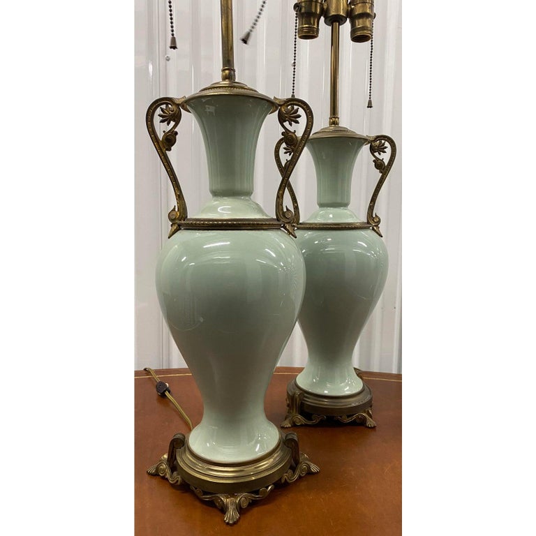 20th Century Pair of Elegant Sage Green Porcelain Table Lamps with Ormolu Mounts, circa 1940 For Sale