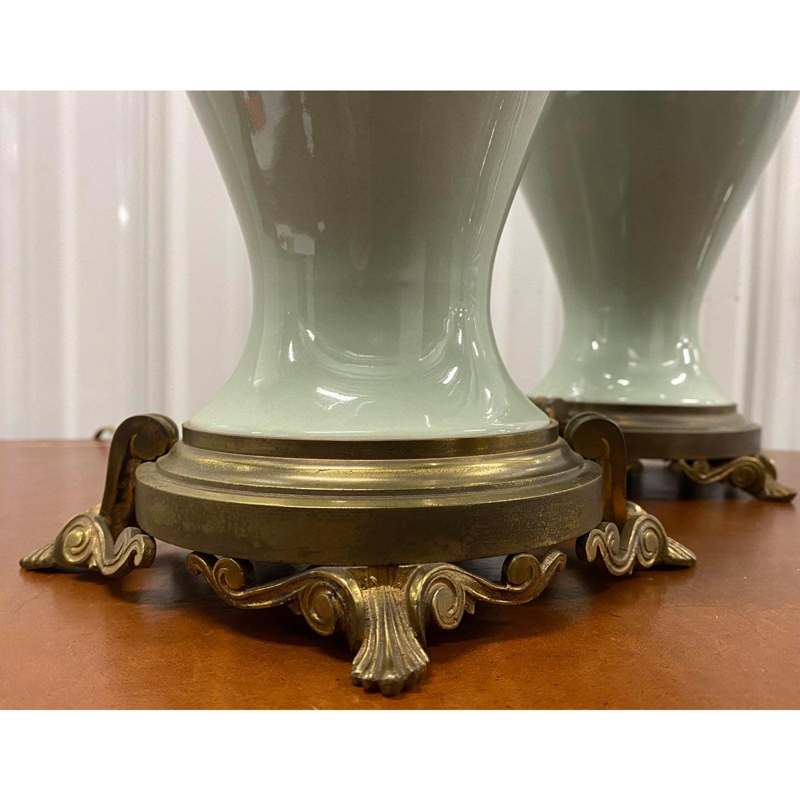 Hand-Crafted Pair of Elegant Sage Green Porcelain Table Lamps with Ormolu Mounts, circa 1940
