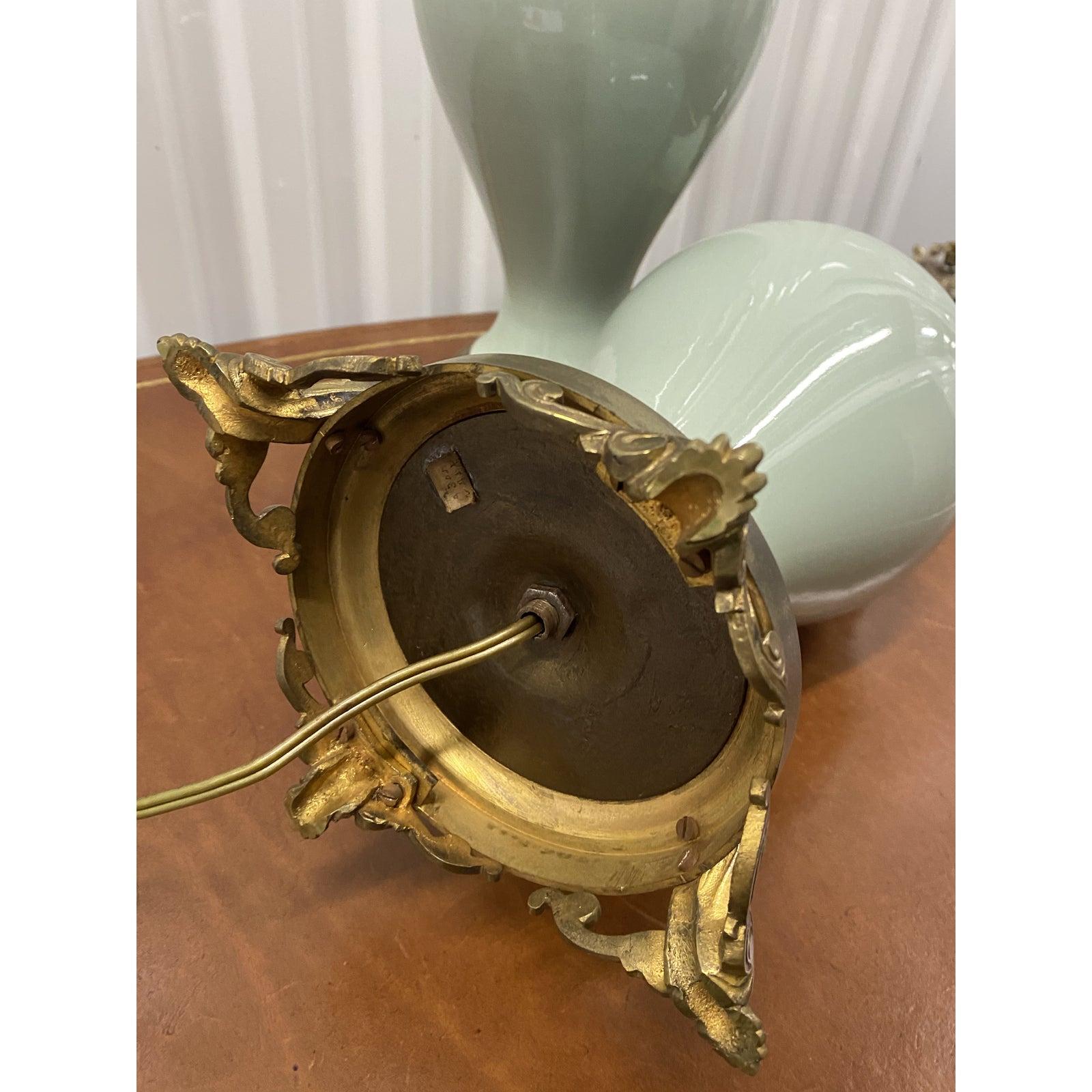 Pair of Elegant Sage Green Porcelain Table Lamps with Ormolu Mounts, circa 1940 In Good Condition In San Francisco, CA