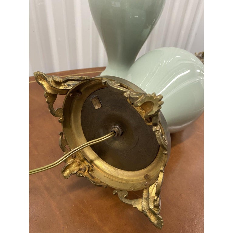 Pair of Elegant Sage Green Porcelain Table Lamps with Ormolu Mounts, circa 1940 For Sale 2