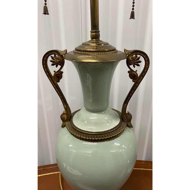 Pair of Elegant Sage Green Porcelain Table Lamps with Ormolu Mounts, circa 1940 For Sale 3