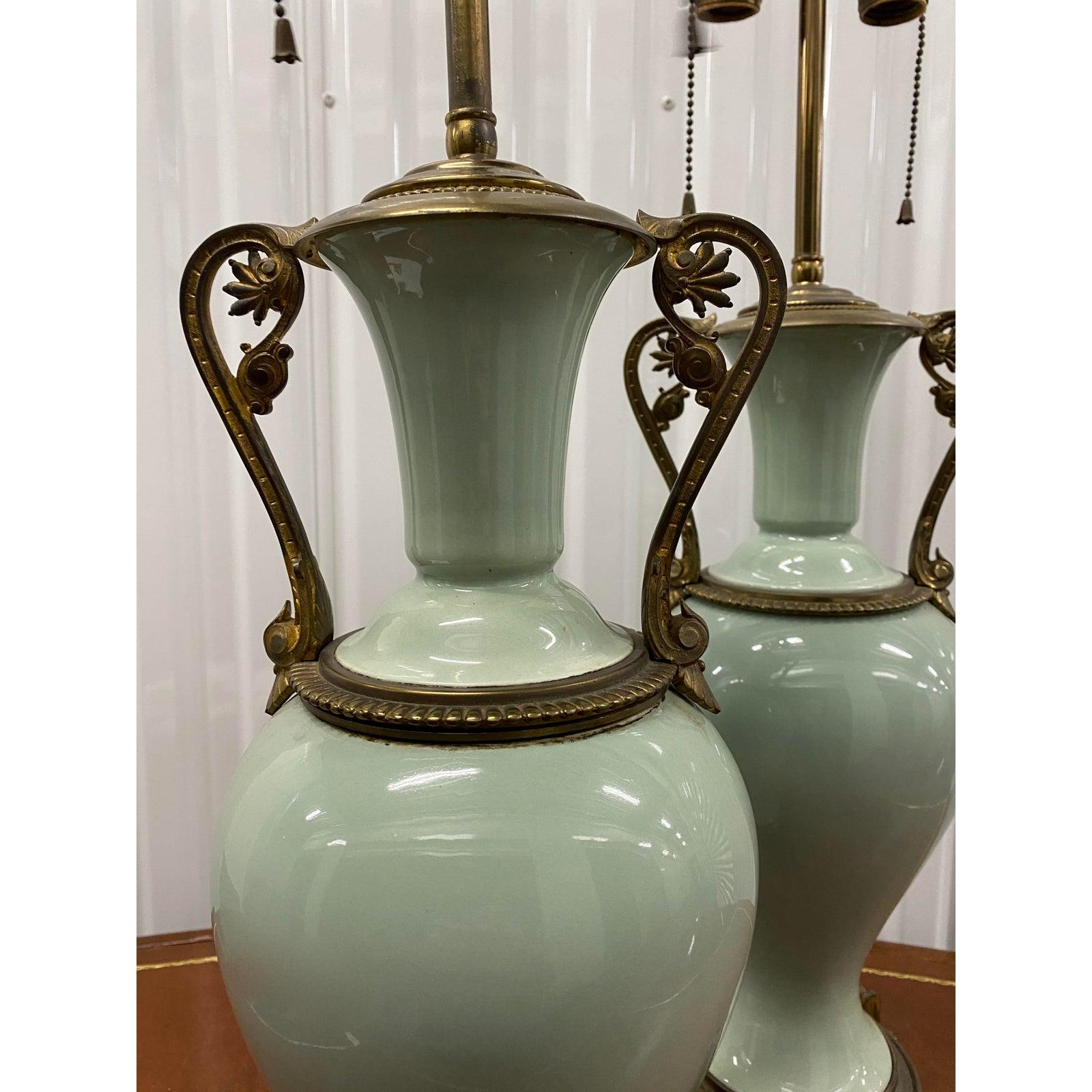 Pair of Elegant Sage Green Porcelain Table Lamps with Ormolu Mounts, circa 1940 1