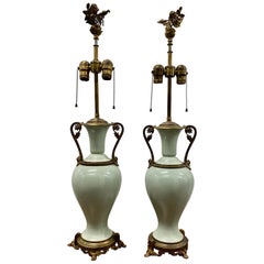 Pair of Elegant Sage Green Porcelain Table Lamps with Ormolu Mounts, circa 1940