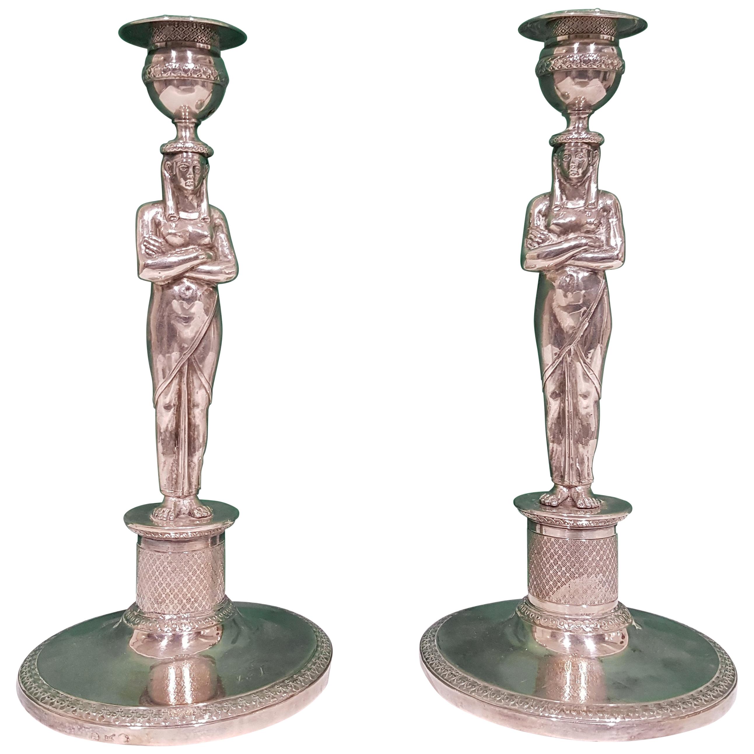 Pair of Elegant Silver Candlesticks, Early 19th Century