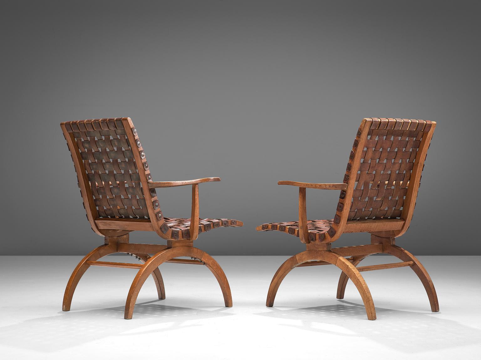 Mid-Century Modern Pair of Elegant Spanish Armchairs in Patinated Woven Leather 
