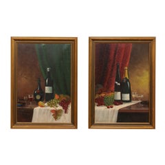 Pair of Elegant Swedish Still Life Paintings Featuring Wine, Fruit and Drapery