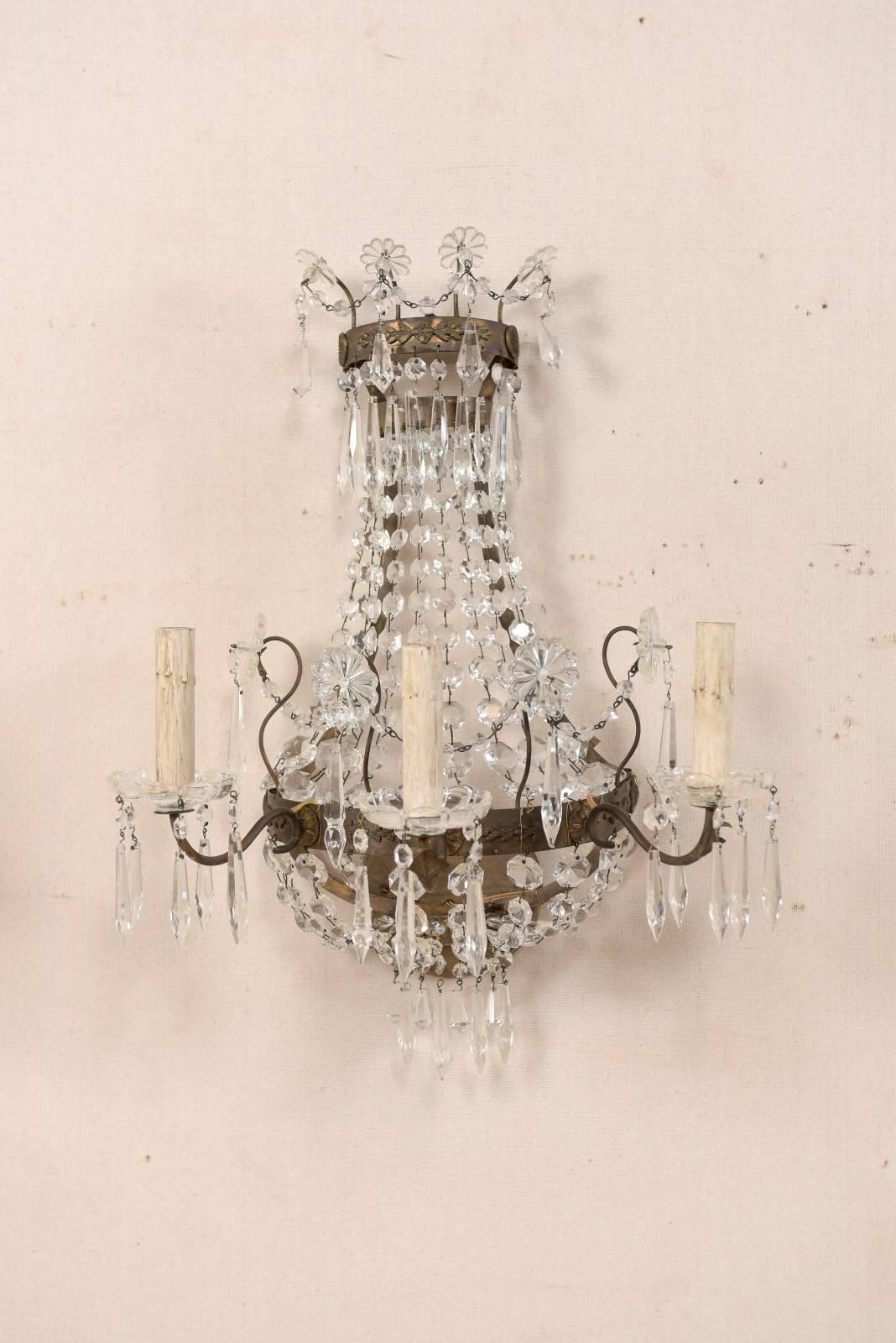 Pair of Elegant Swedish Three-Light Crystal and Cut Class Wall Sconces In Good Condition In Atlanta, GA