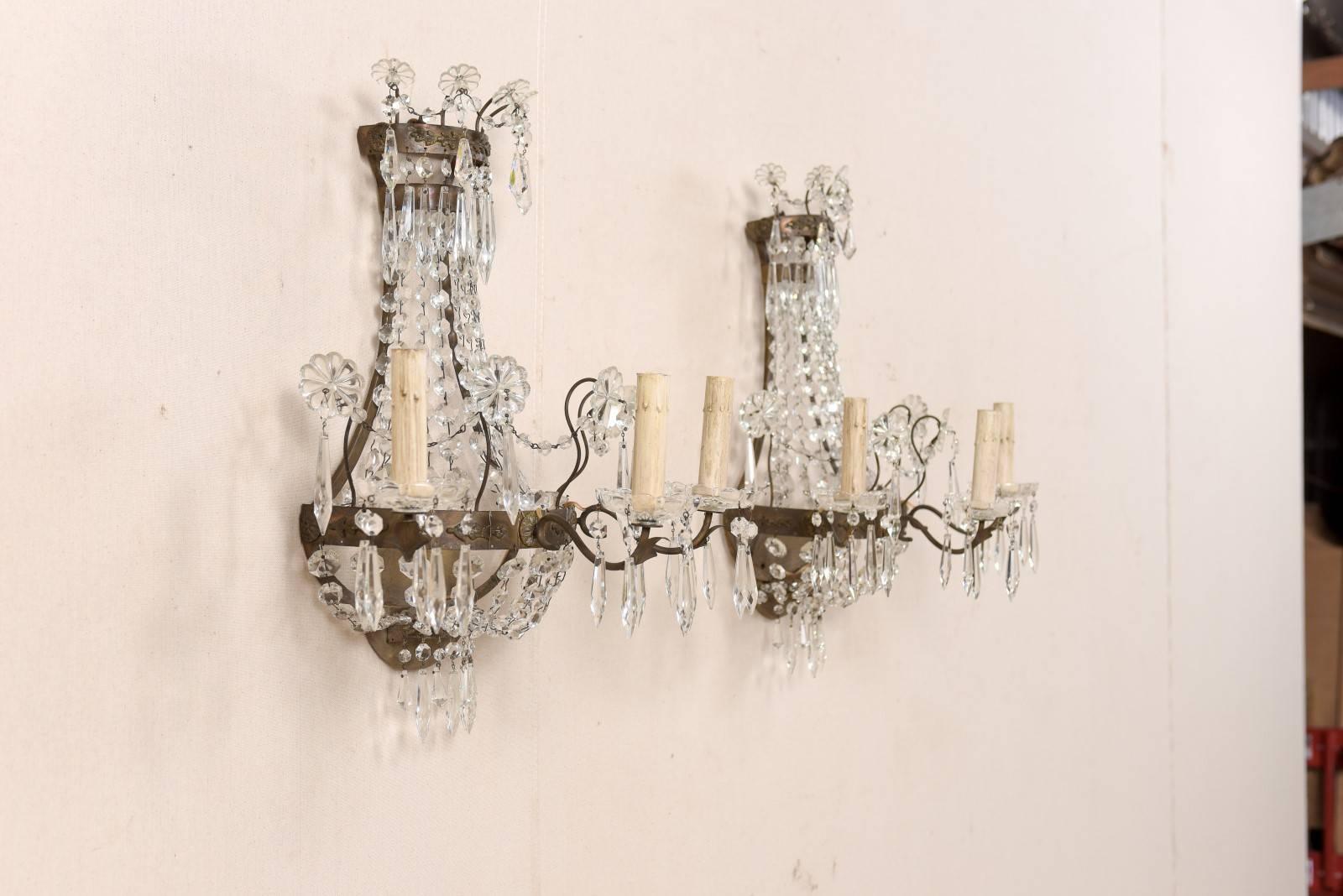 20th Century Pair of Elegant Swedish Three-Light Crystal and Cut Class Wall Sconces