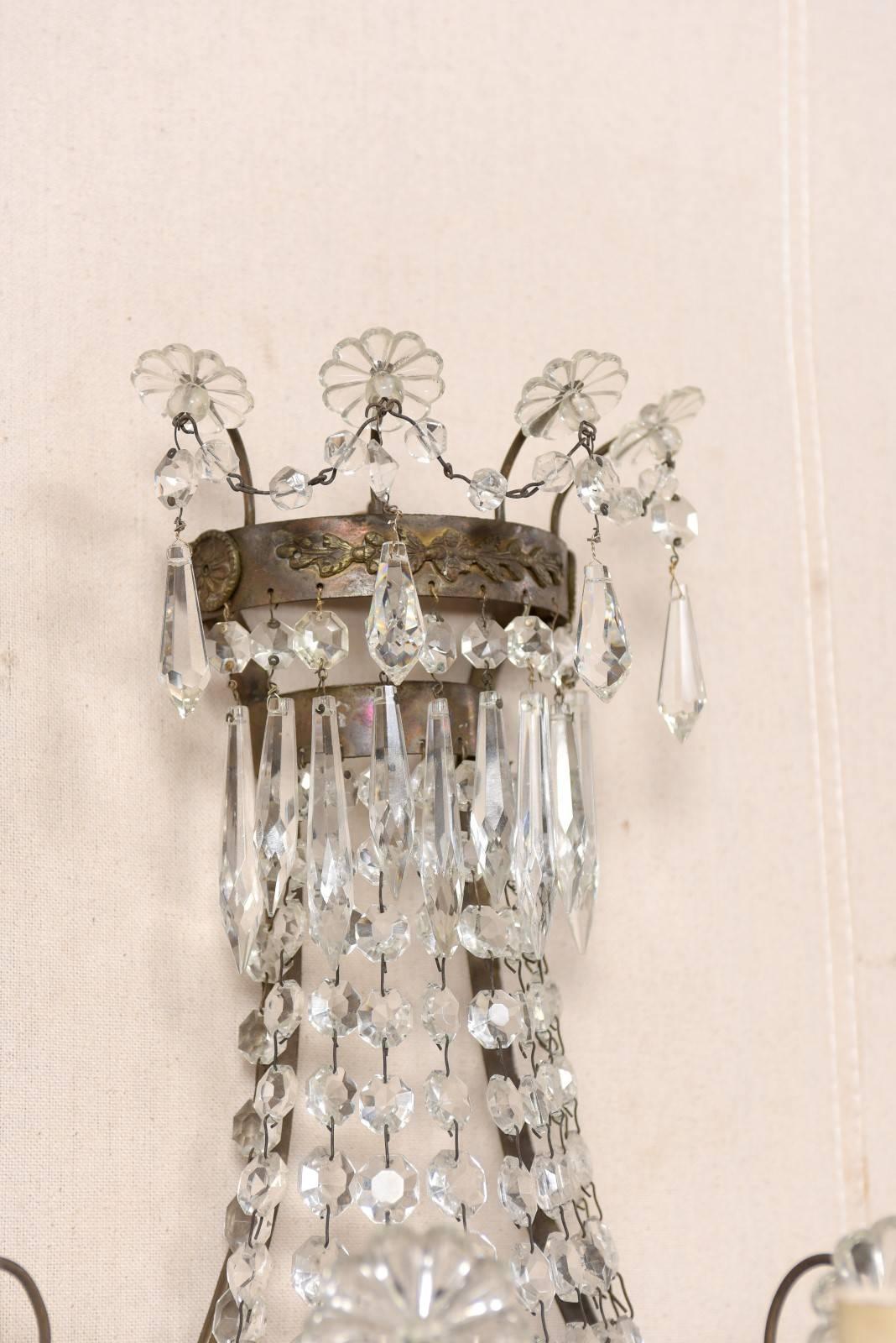 Pair of Elegant Swedish Three-Light Crystal and Cut Class Wall Sconces 1