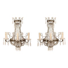 Pair of Elegant Swedish Three-Light Crystal and Cut Class Wall Sconces