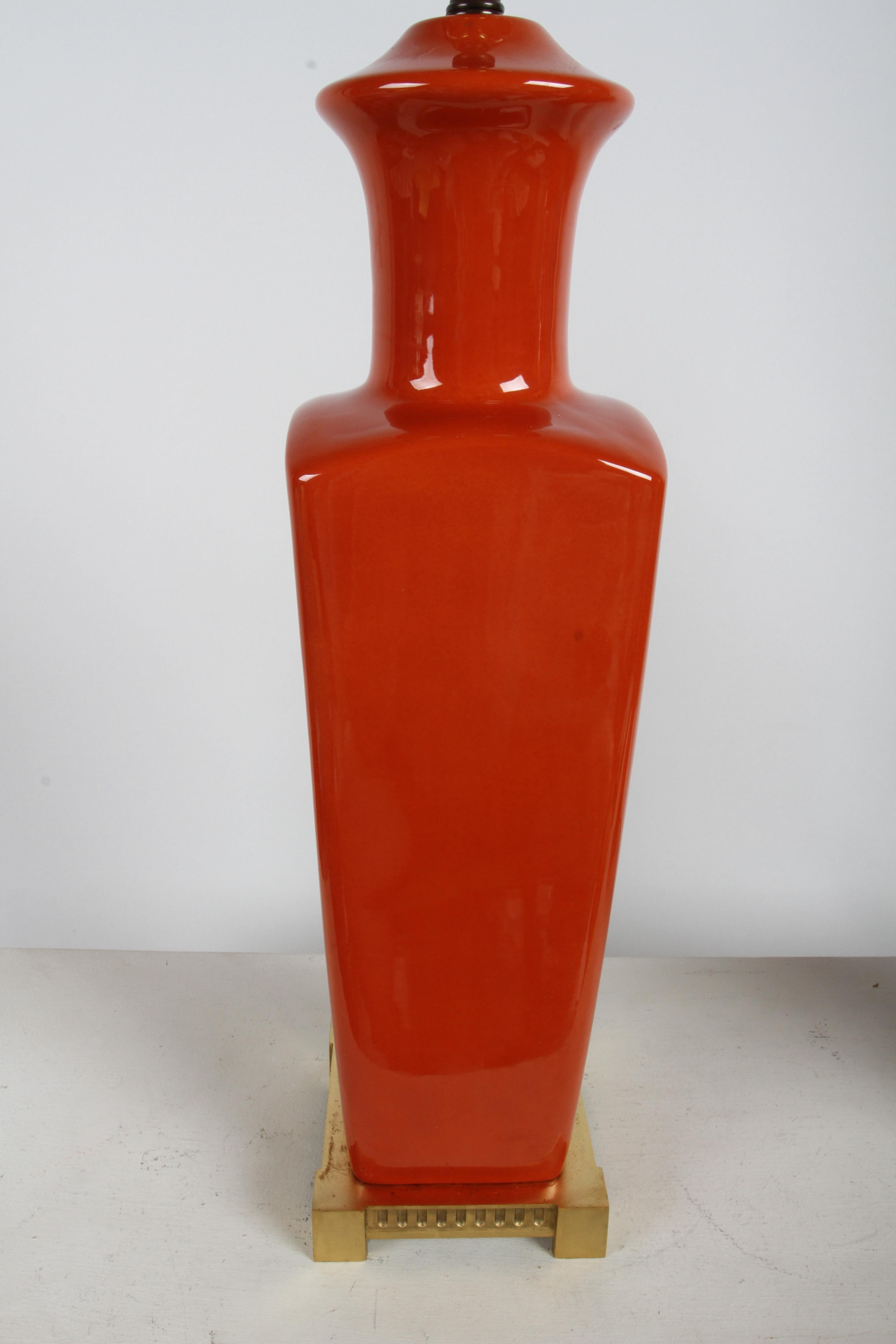 Pair of Elegant Tall Deep Orange Ceramic Urn Form Table Lamps - Made in France For Sale 3