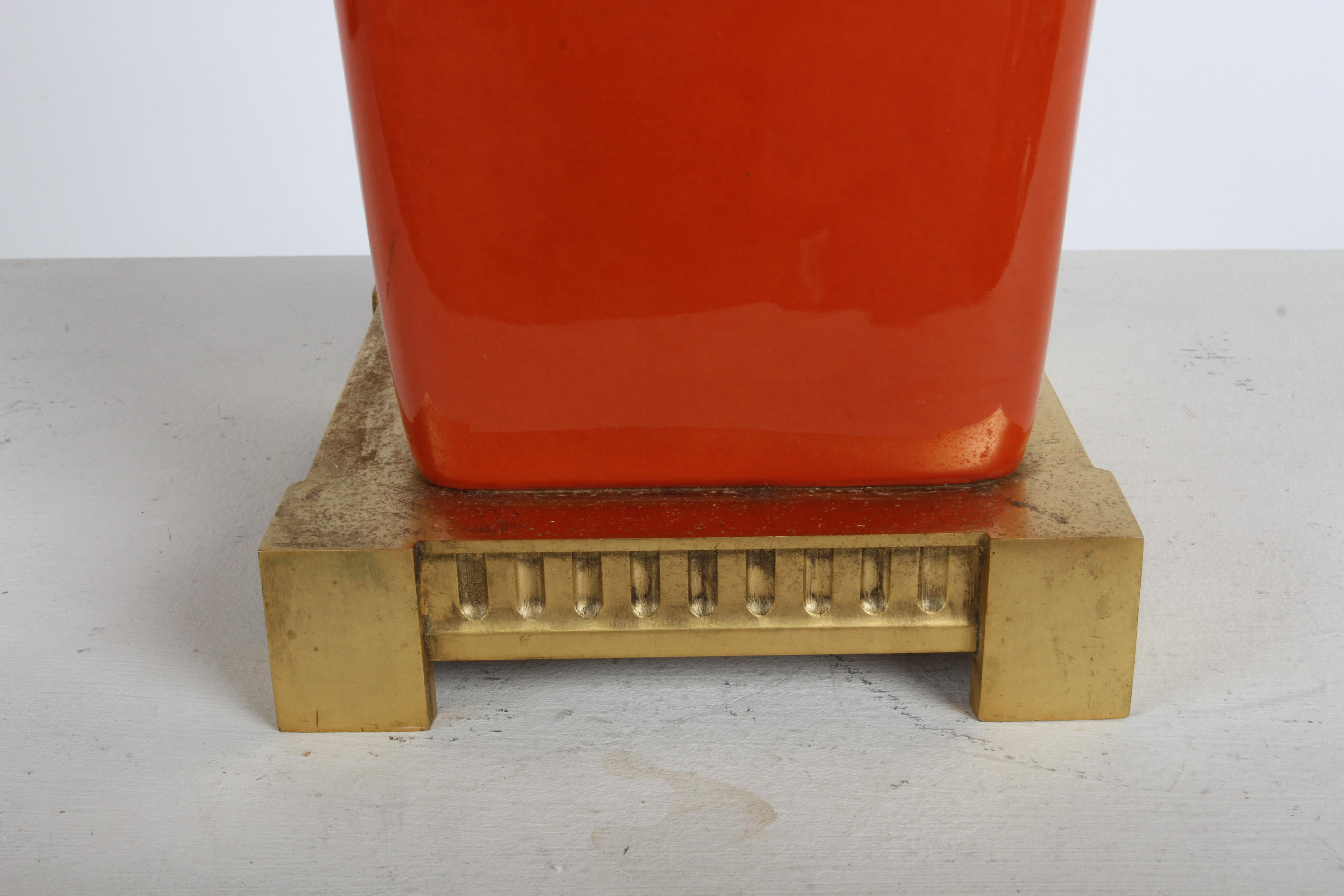 Pair of Elegant Tall Deep Orange Ceramic Urn Form Table Lamps - Made in France For Sale 6