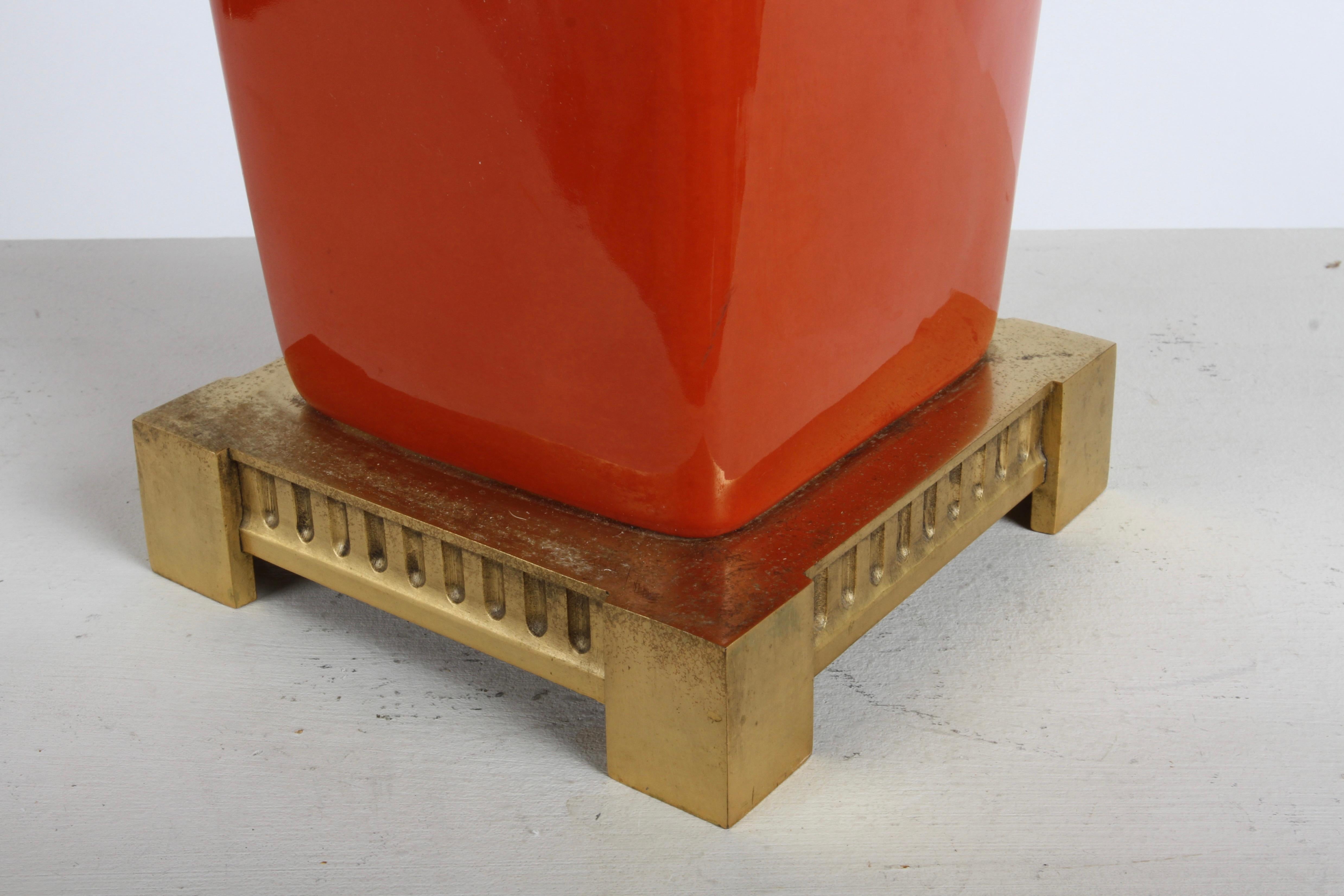 Pair of Elegant Tall Deep Orange Ceramic Urn Form Table Lamps - Made in France For Sale 8