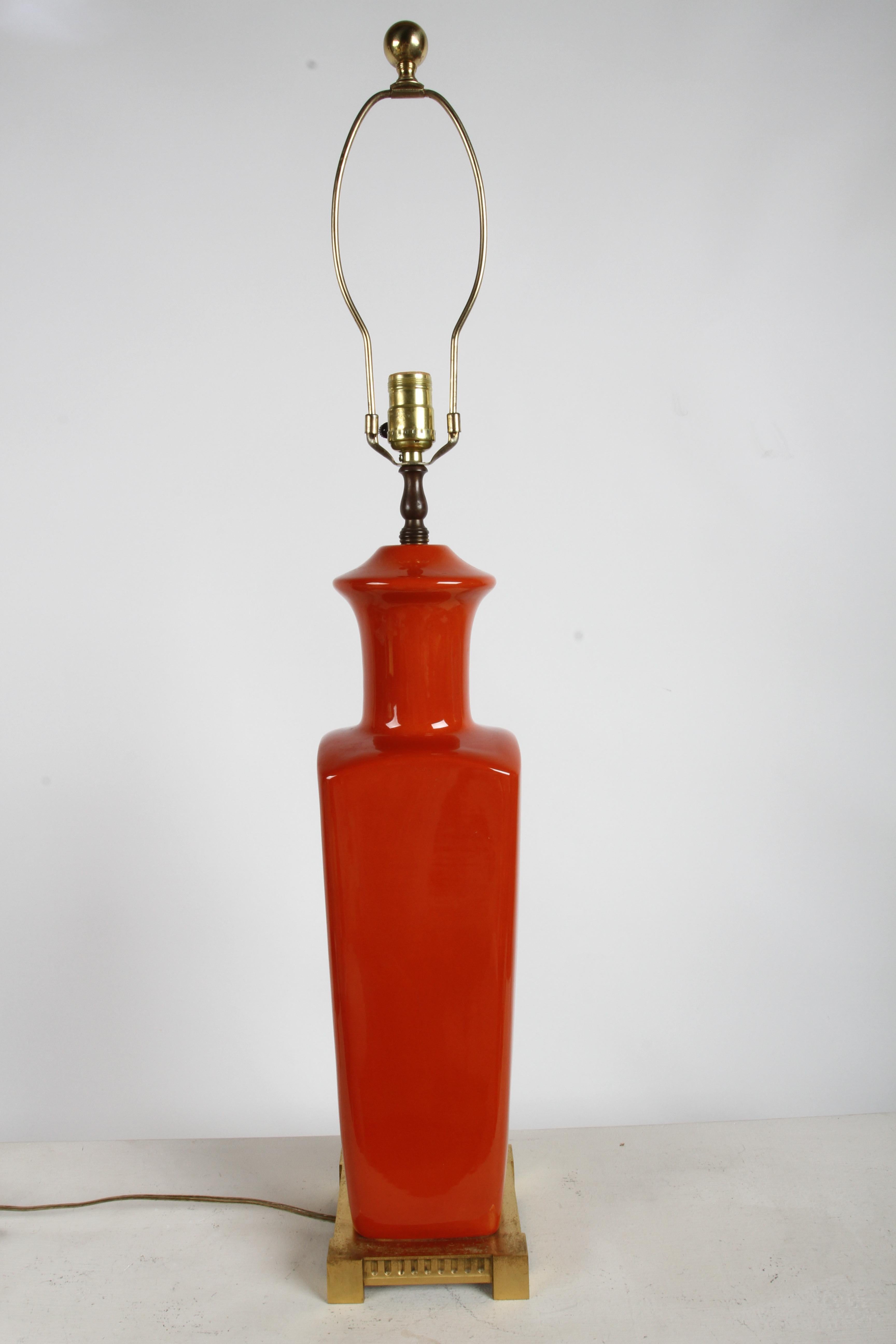 Pair of Elegant Tall Deep Orange Ceramic Urn Form Table Lamps - Made in France For Sale 9