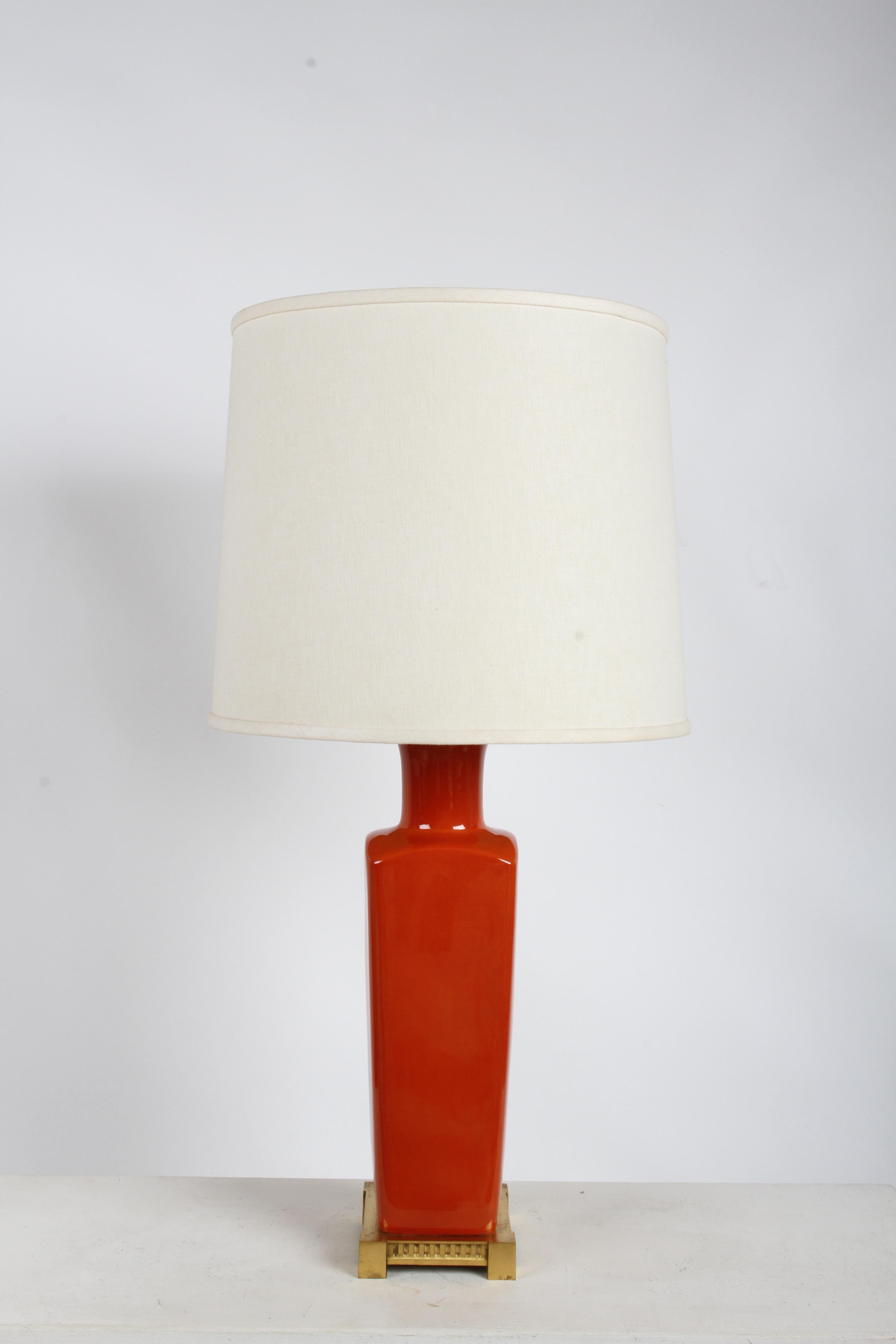 Pair of Elegant Tall Deep Orange Ceramic Urn Form Table Lamps - Made in France For Sale 10