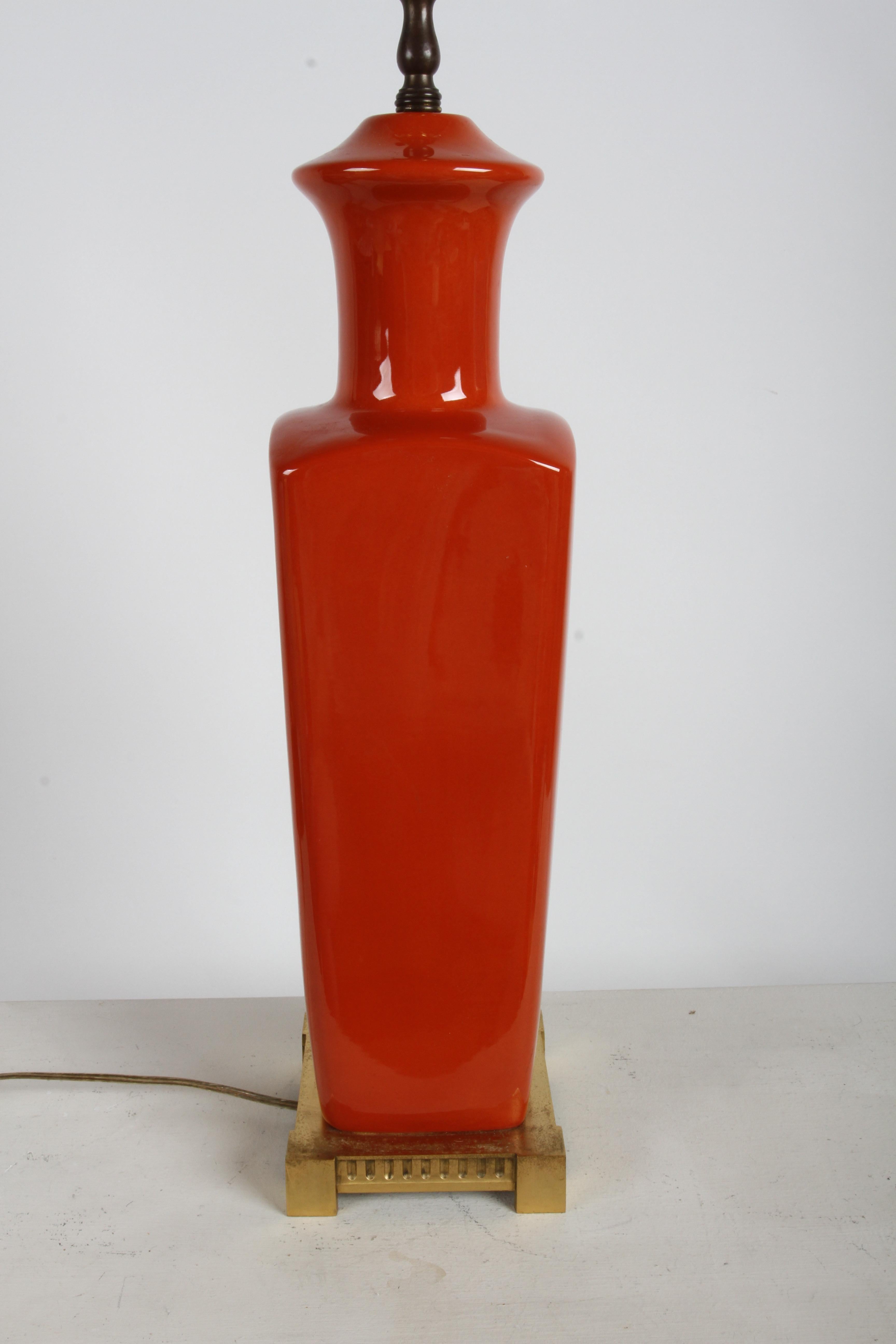 Pair of Elegant Tall Deep Orange Ceramic Urn Form Table Lamps - Made in France For Sale 12