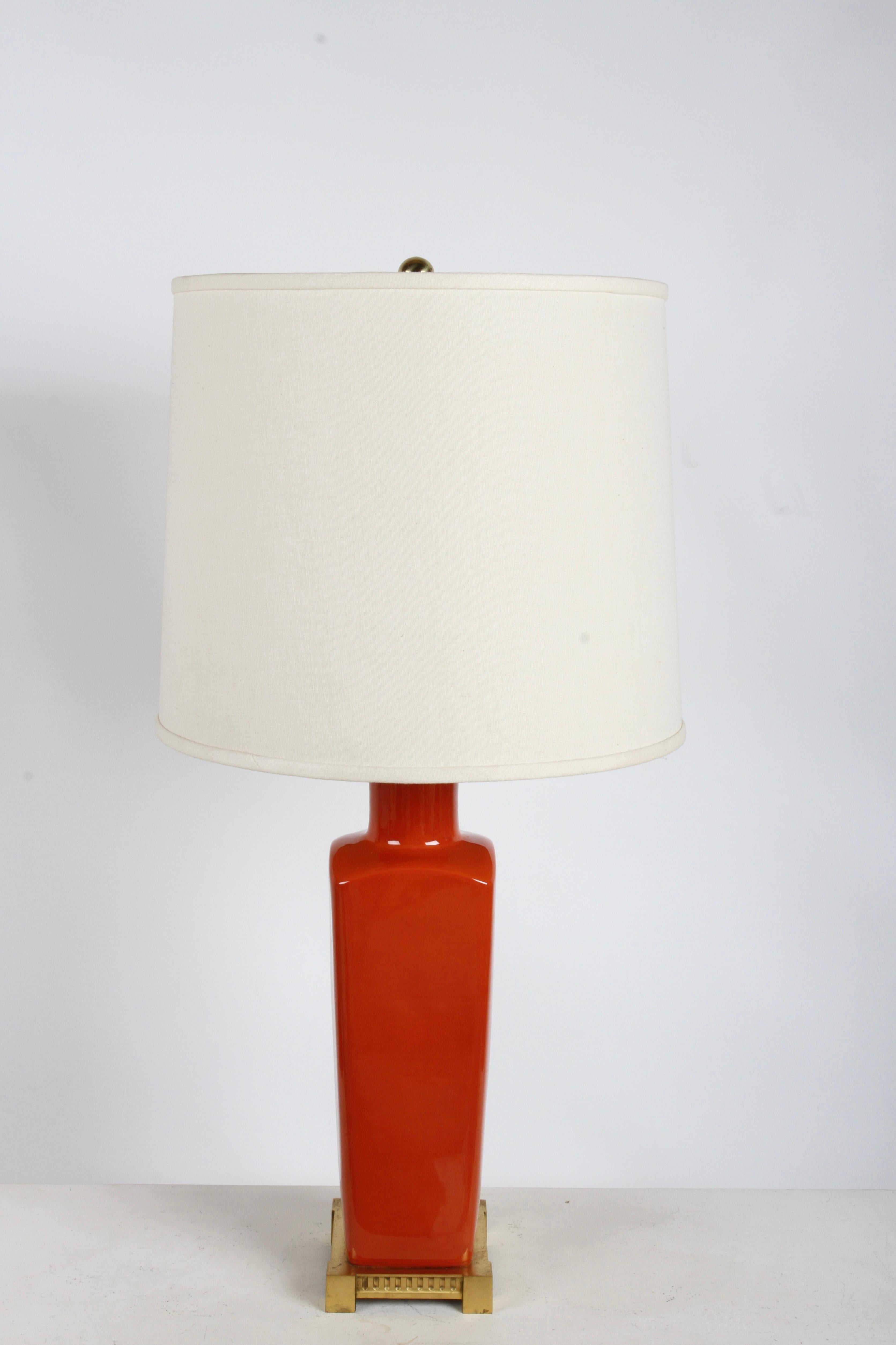 French Pair of Elegant Tall Deep Orange Ceramic Urn Form Table Lamps - Made in France For Sale