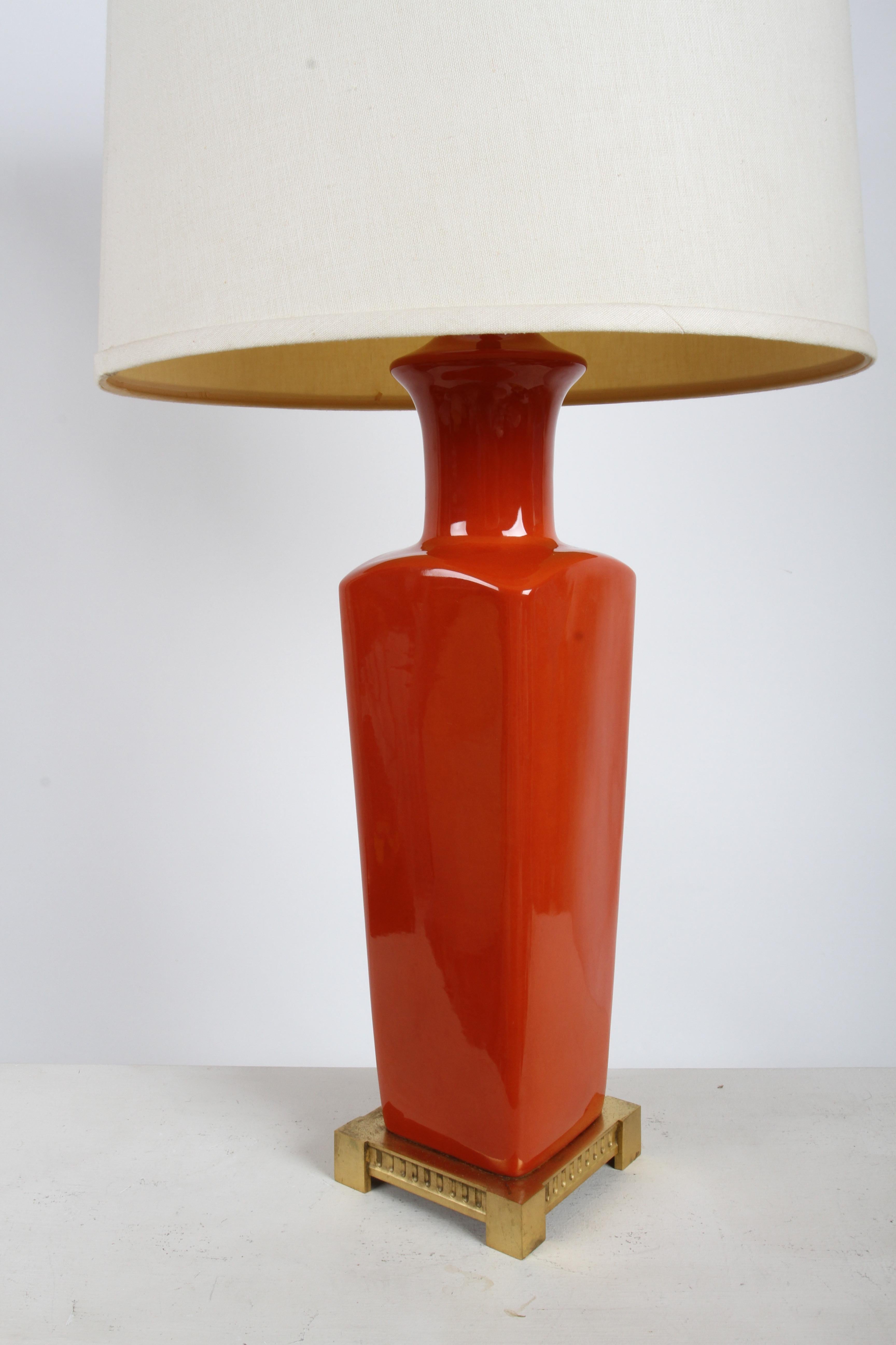 Pair of Elegant Tall Deep Orange Ceramic Urn Form Table Lamps - Made in France In Good Condition For Sale In St. Louis, MO
