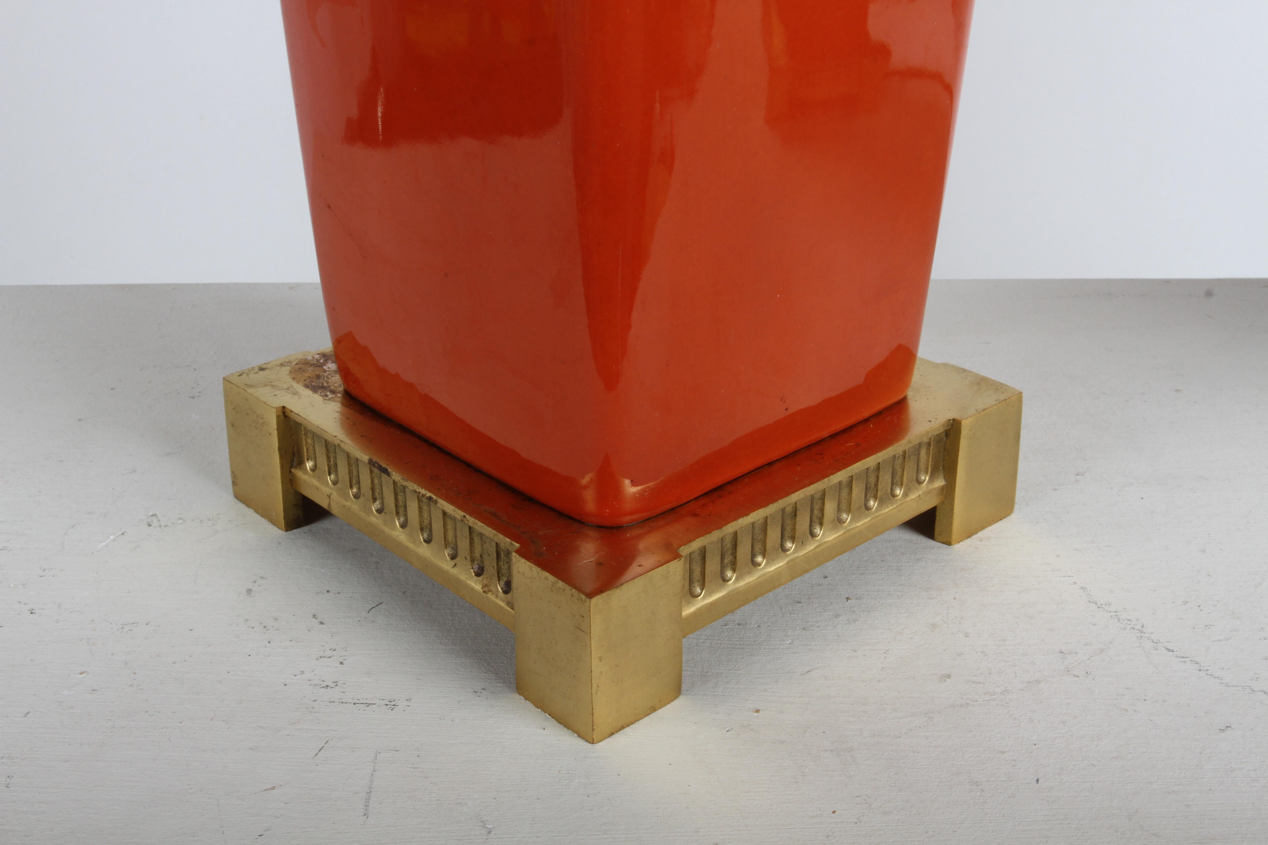 Mid-20th Century Pair of Elegant Tall Deep Orange Ceramic Urn Form Table Lamps - Made in France For Sale