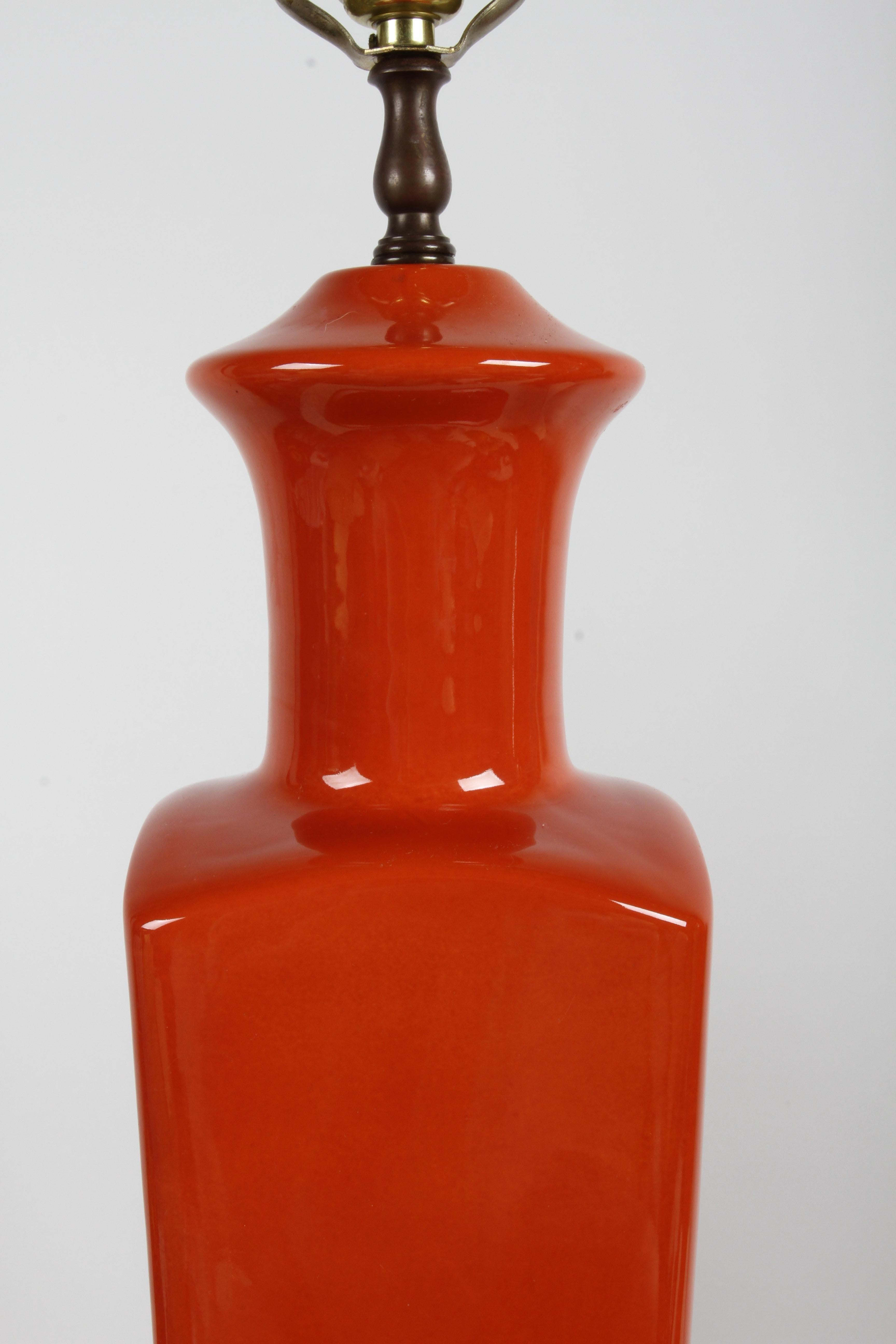 Metal Pair of Elegant Tall Deep Orange Ceramic Urn Form Table Lamps - Made in France For Sale