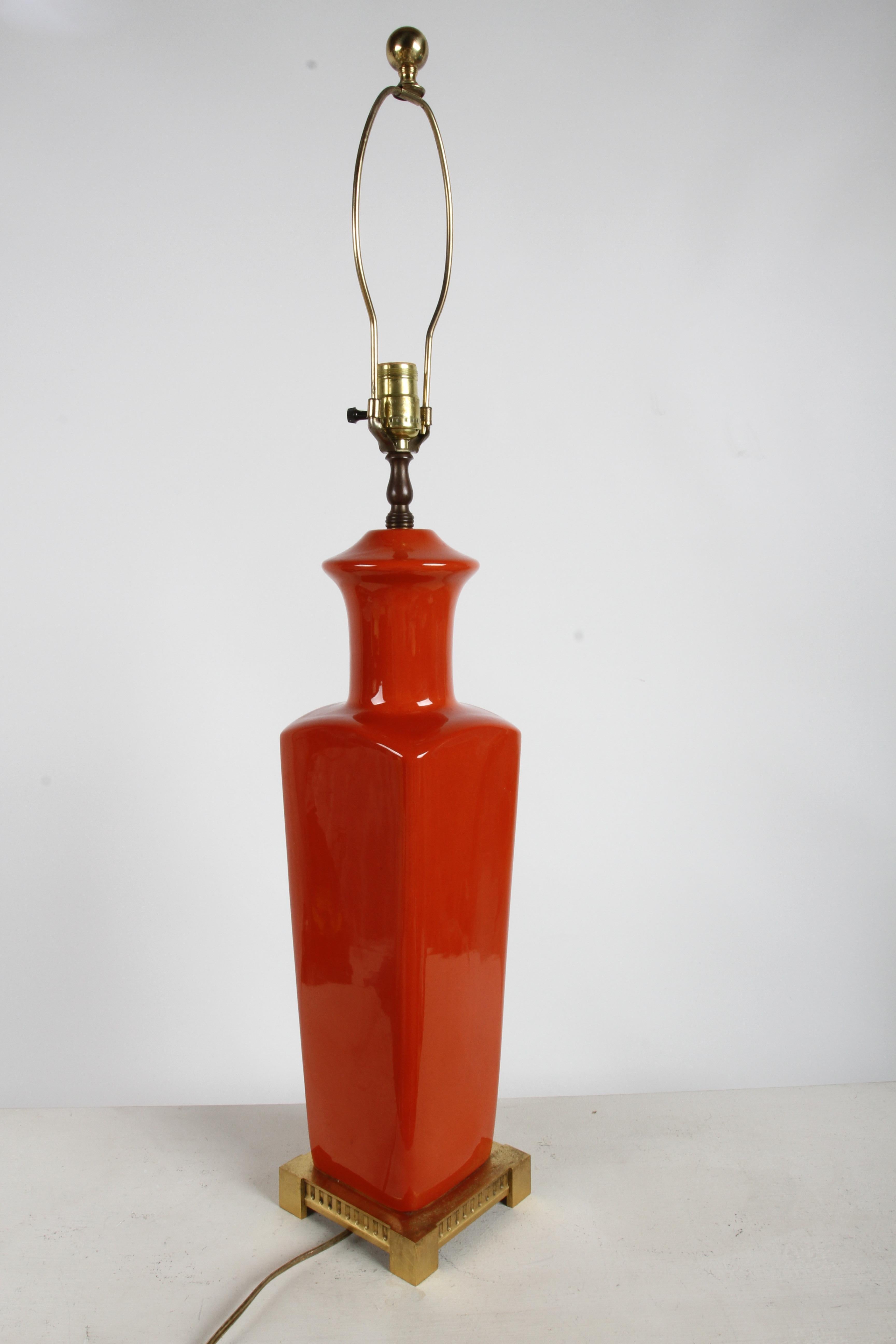 Pair of Elegant Tall Deep Orange Ceramic Urn Form Table Lamps - Made in France For Sale 1