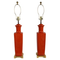 Pair of Elegant Tall Deep Orange Ceramic Urn Form Table Lamps - Made in France