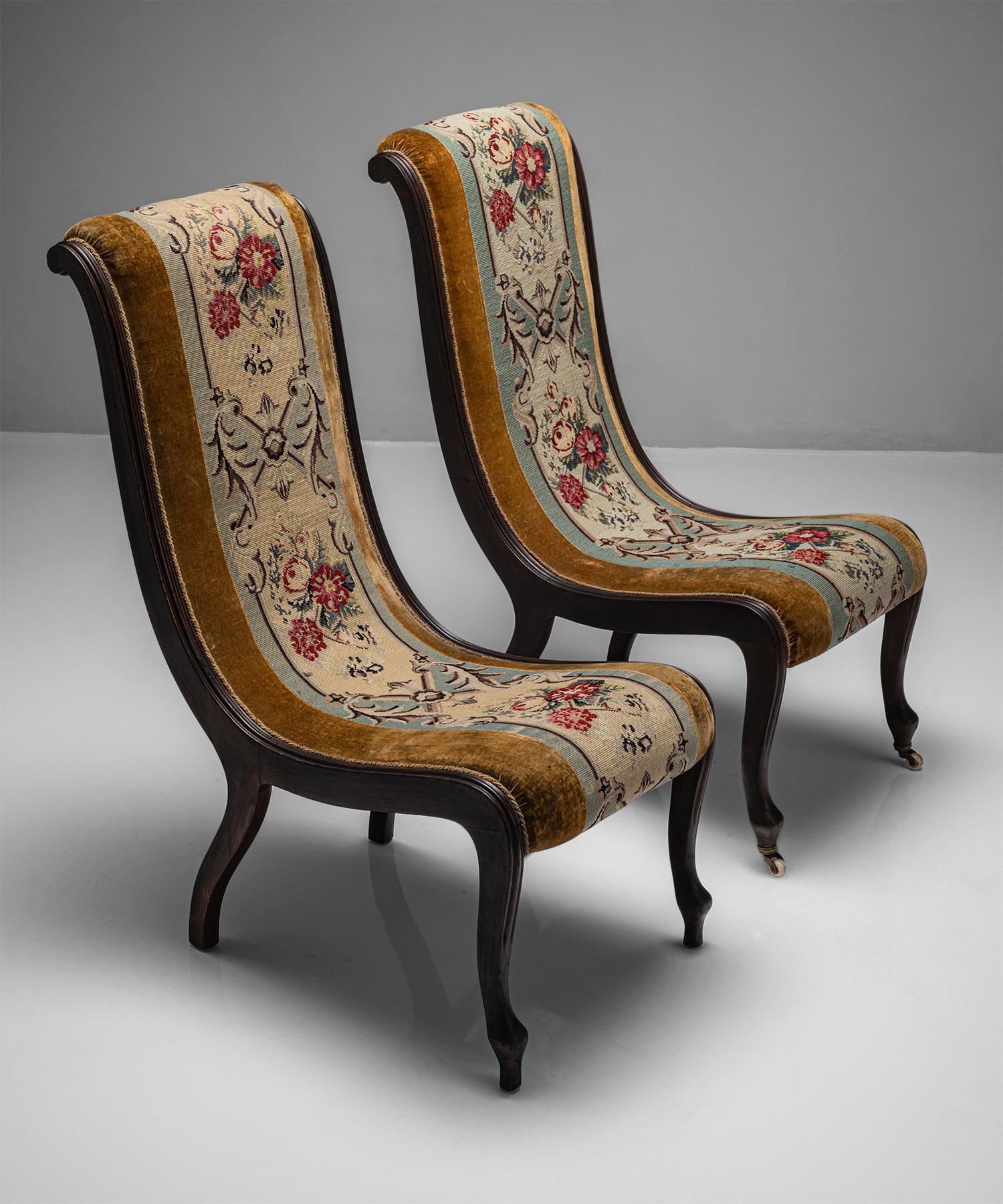 Pair of Elegant Tapestry Chairs

France circa 1880

Beautifully carved frame with original velvet and tapestry panels.