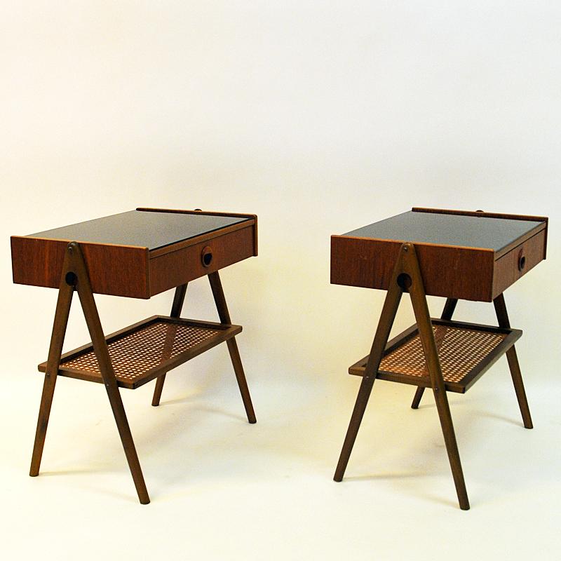 Swedish Pair of Elegant Teak and Glass Top Night Tables, Sweden, 1960s