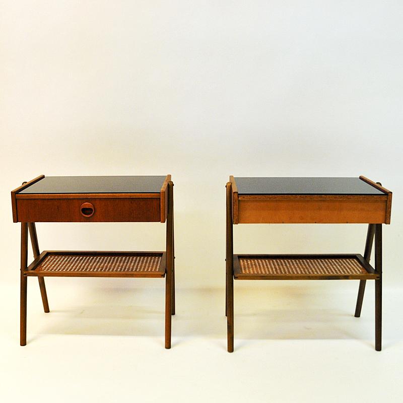 Hand-Painted Pair of Elegant Teak and Glass Top Night Tables, Sweden, 1960s