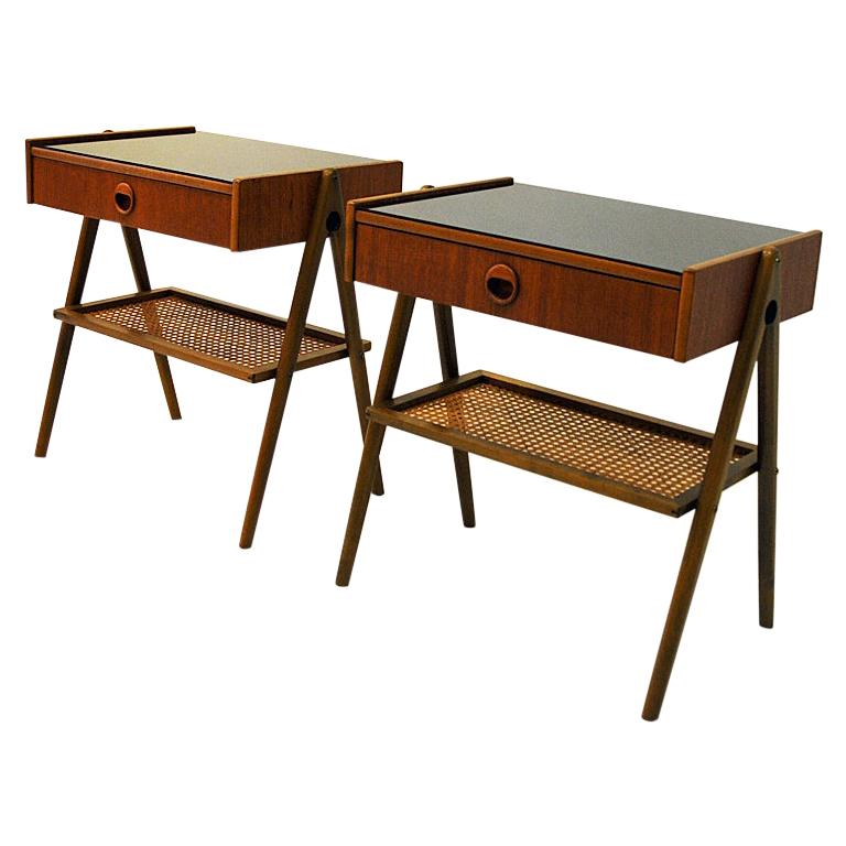 Pair of Elegant Teak and Glass Top Night Tables, Sweden, 1960s