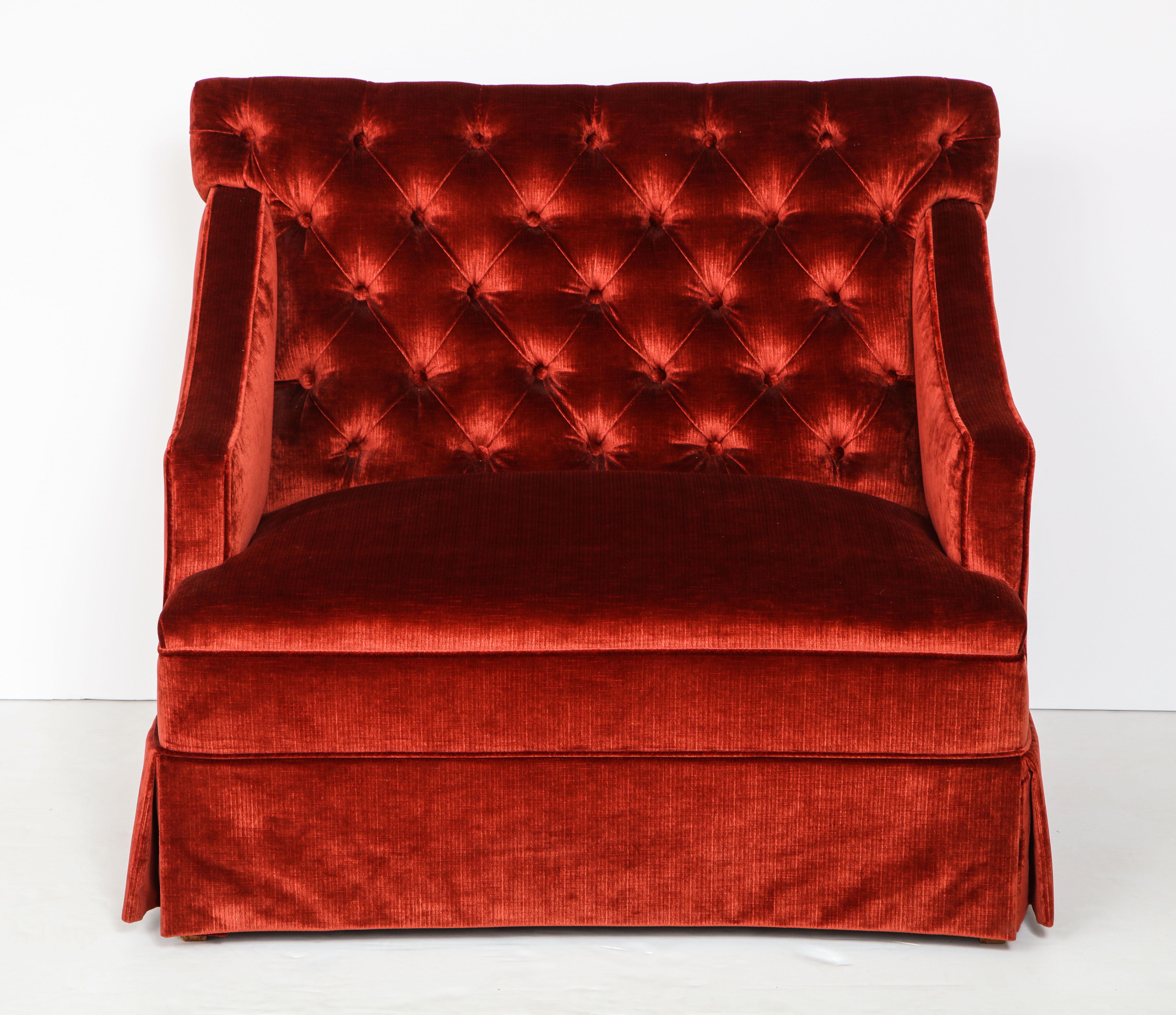 Pair of elegant tufted high back settees upholstered in a
Chinese red colored velvet fabric.
 