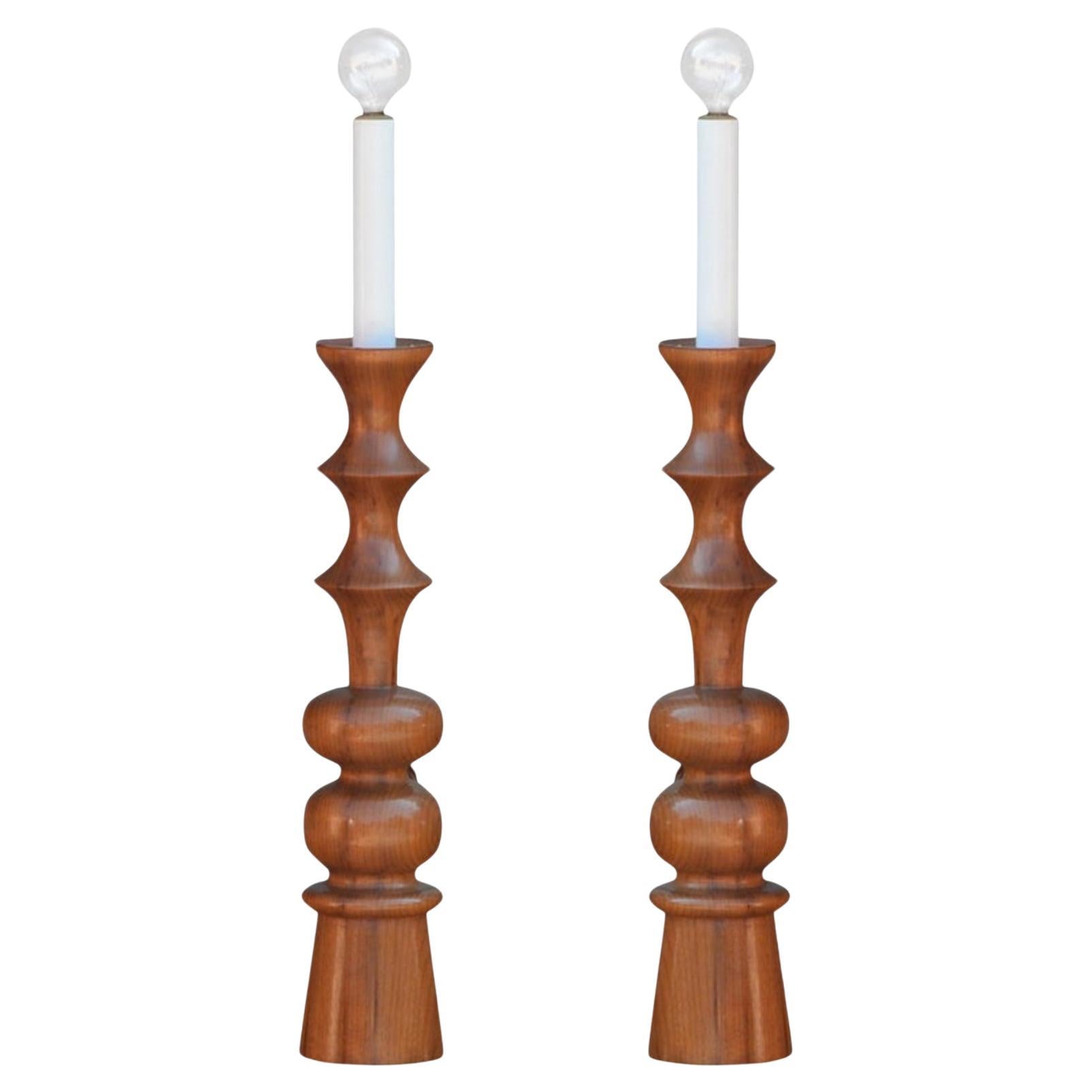 Pair of Elegant Turned Wood Candlestick Mantel Lights For Sale