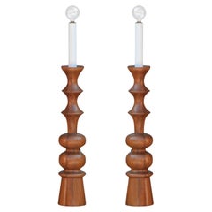 Vintage Pair of Elegant Turned Wood Candlestick Mantel Lights