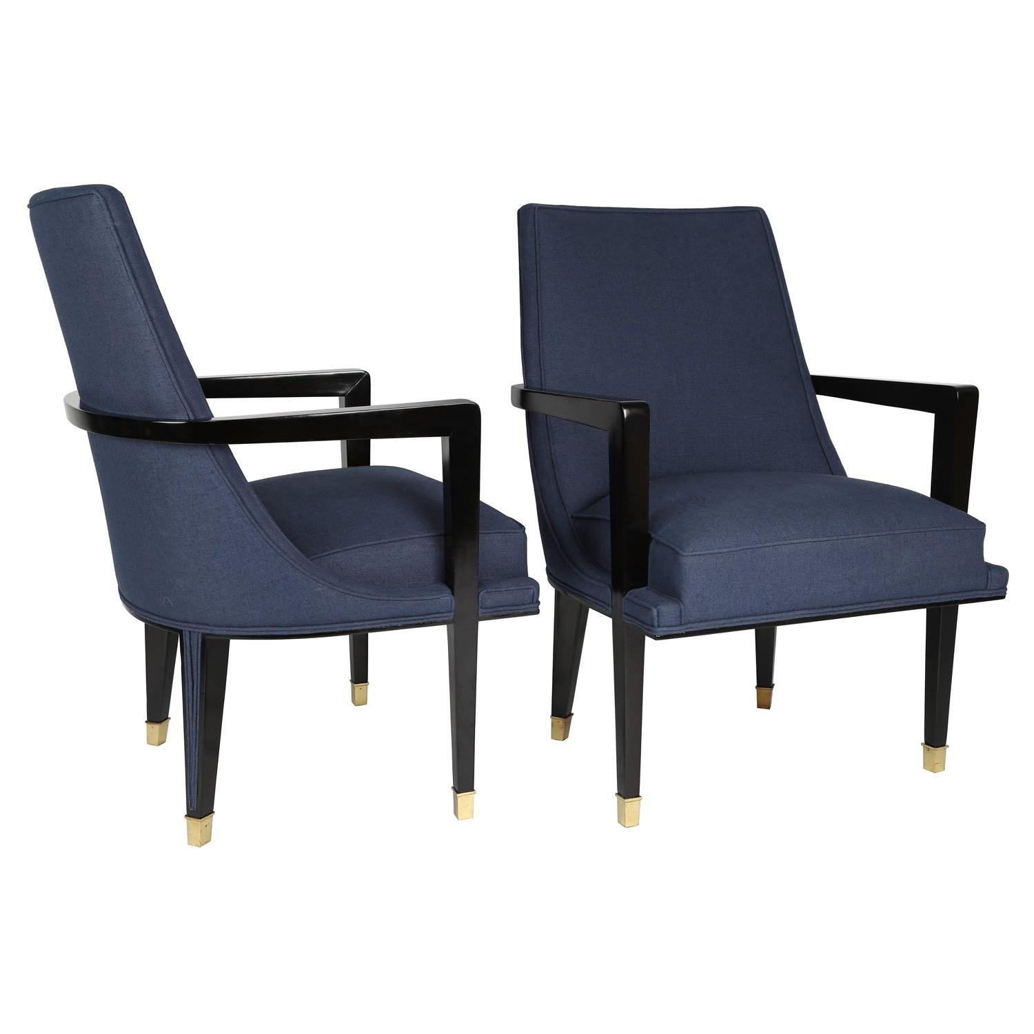 Pair of Elegant Upholstered Lounge Chairs with Brass Sabots, 1950s For Sale  at 1stDibs