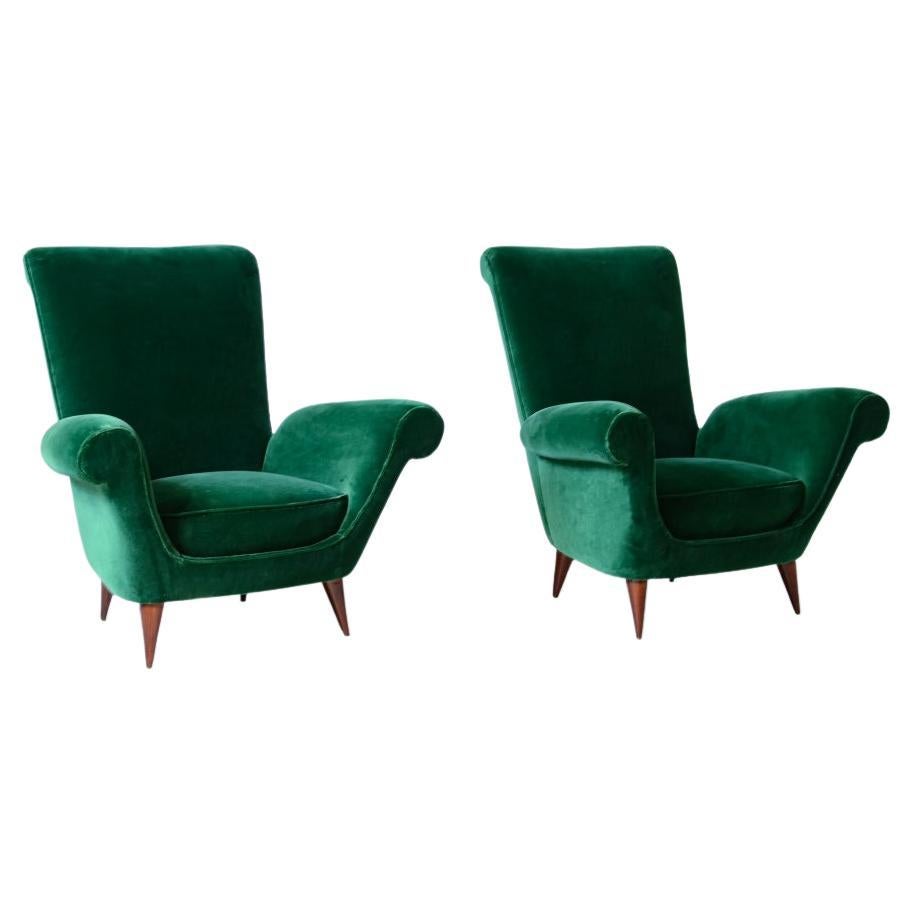 Pair of Elegant Upholstered Velvet High Back Armchairs For Sale