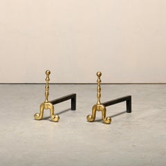 Pair of elegant Victorian Antique French brass Andirons / Firedogs