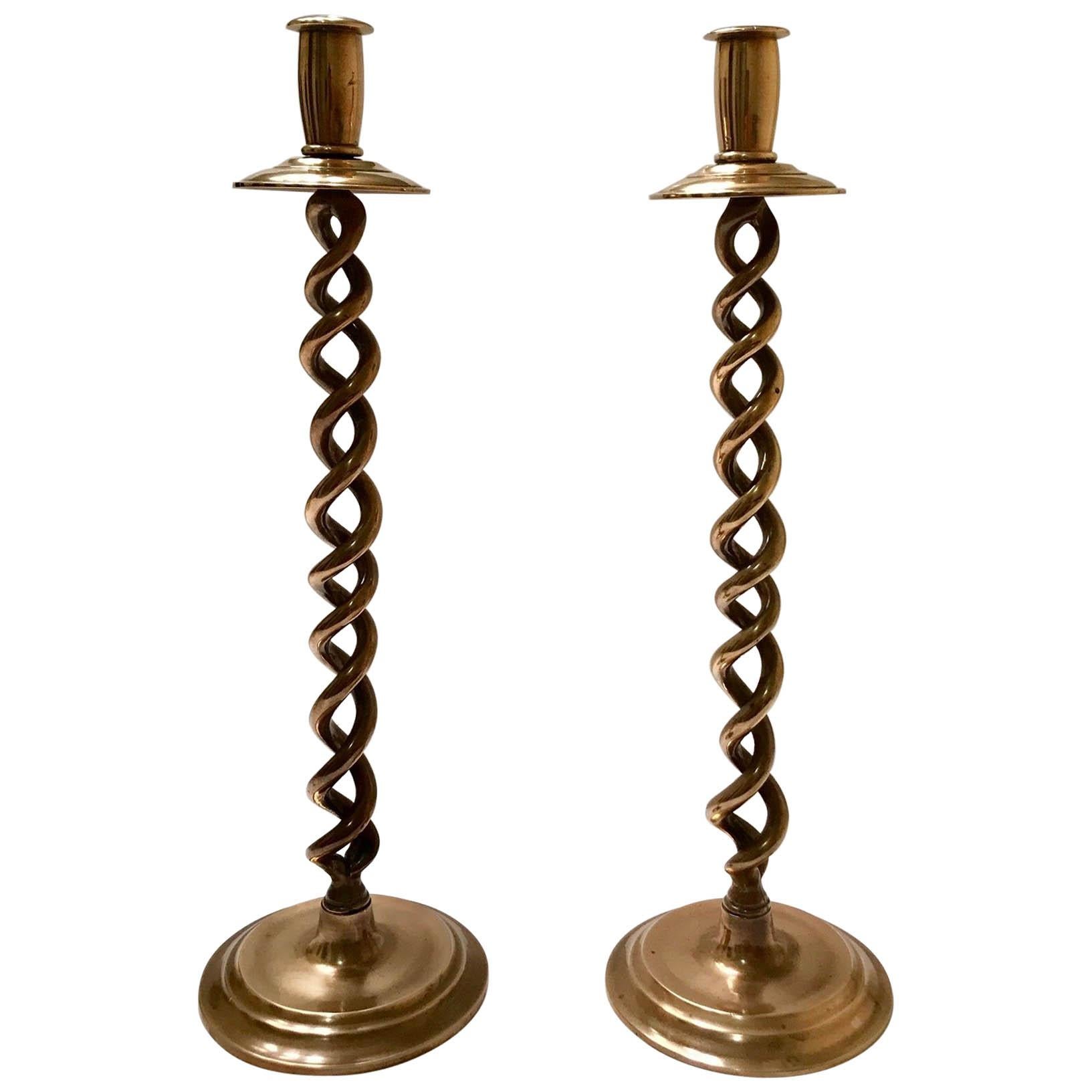 Pair of Elegant Victorian Candleholders in Braided Brass Metal